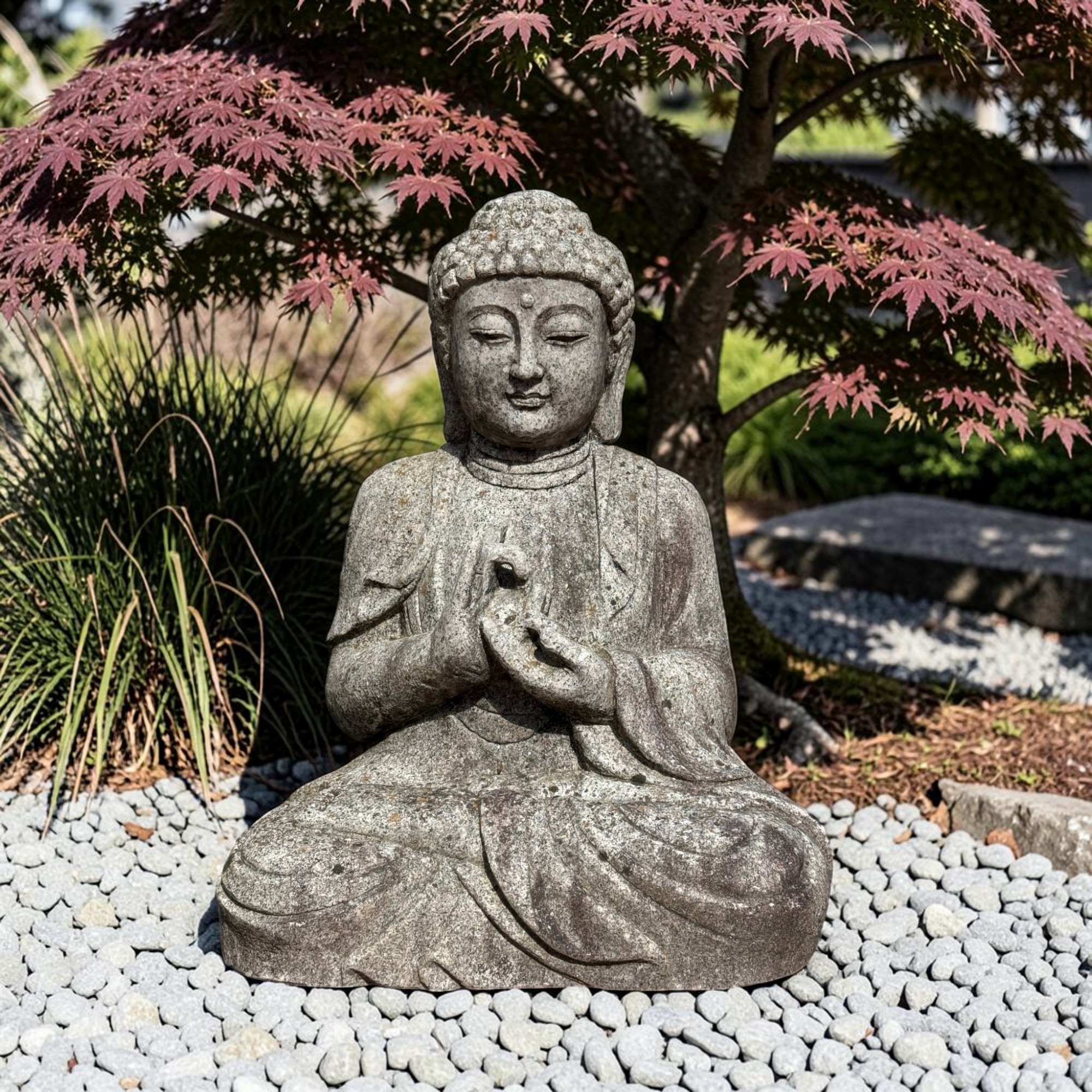Granit Buddha Statue Dharmachakra Mudra – Handgeschlagene Steinfigur 53 cm