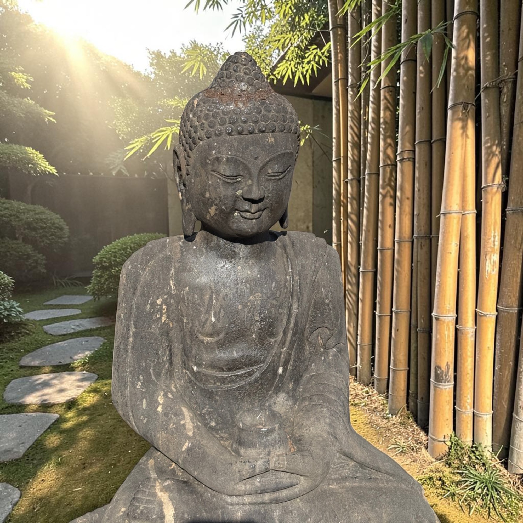 Garten Buddha Statue Naturstein Skulptur Amitabha 79cm Bluestone alter Zustand