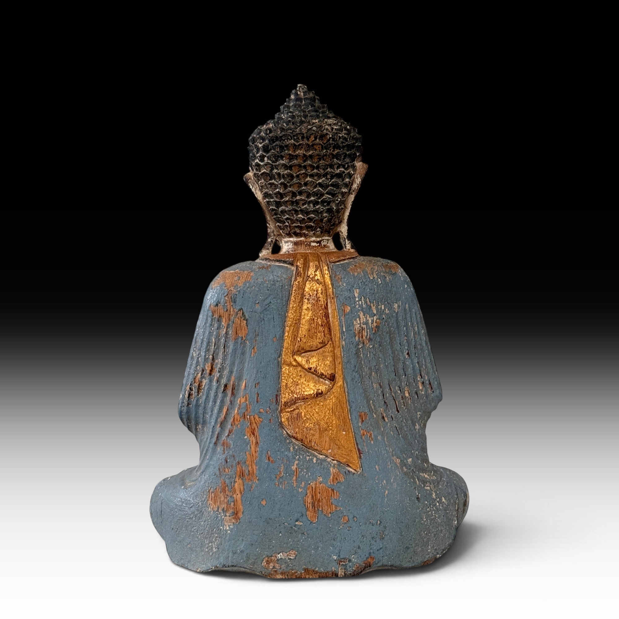 Vintage Buddha Statue Suarholz blau gold – Vitarka Mudra Holzfigur, 44 cm