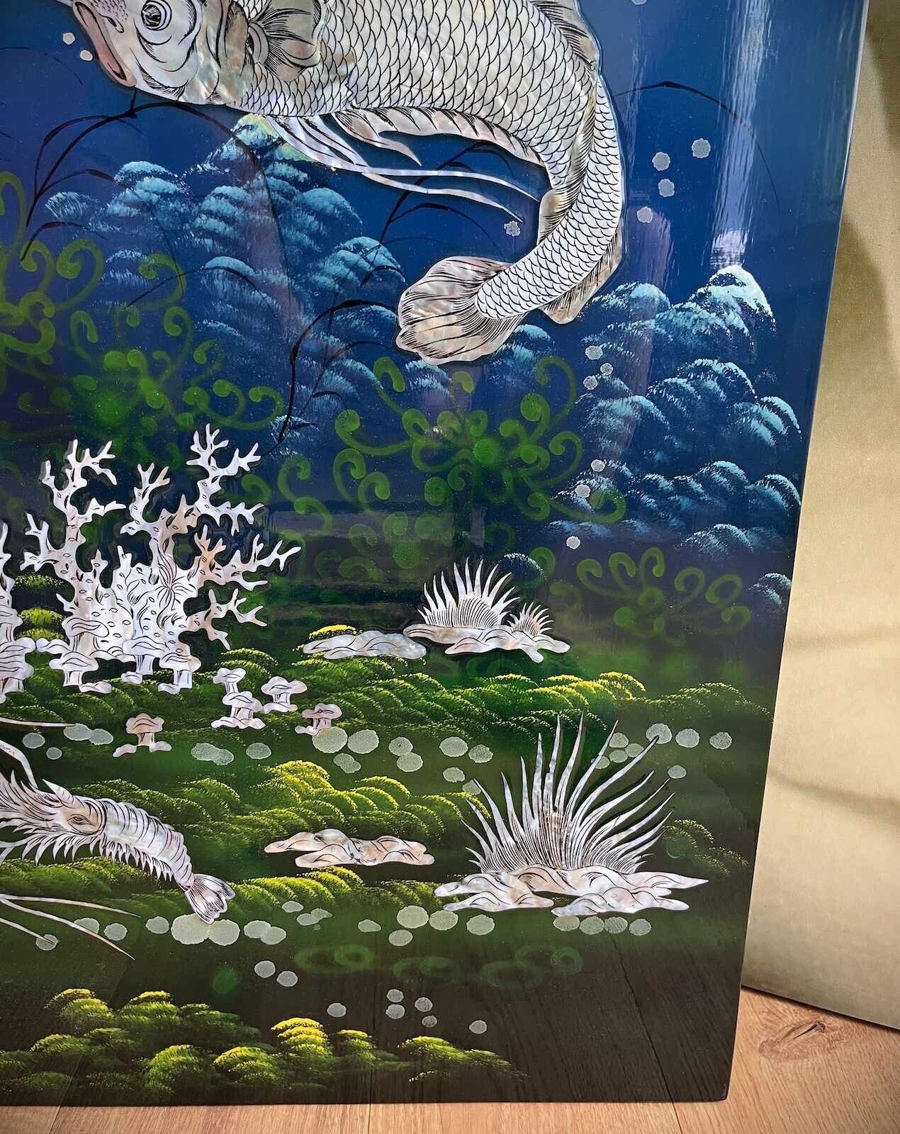 Asiatisches Wandbild Holz Lackbild Perlmutt mit Fische 100 cm