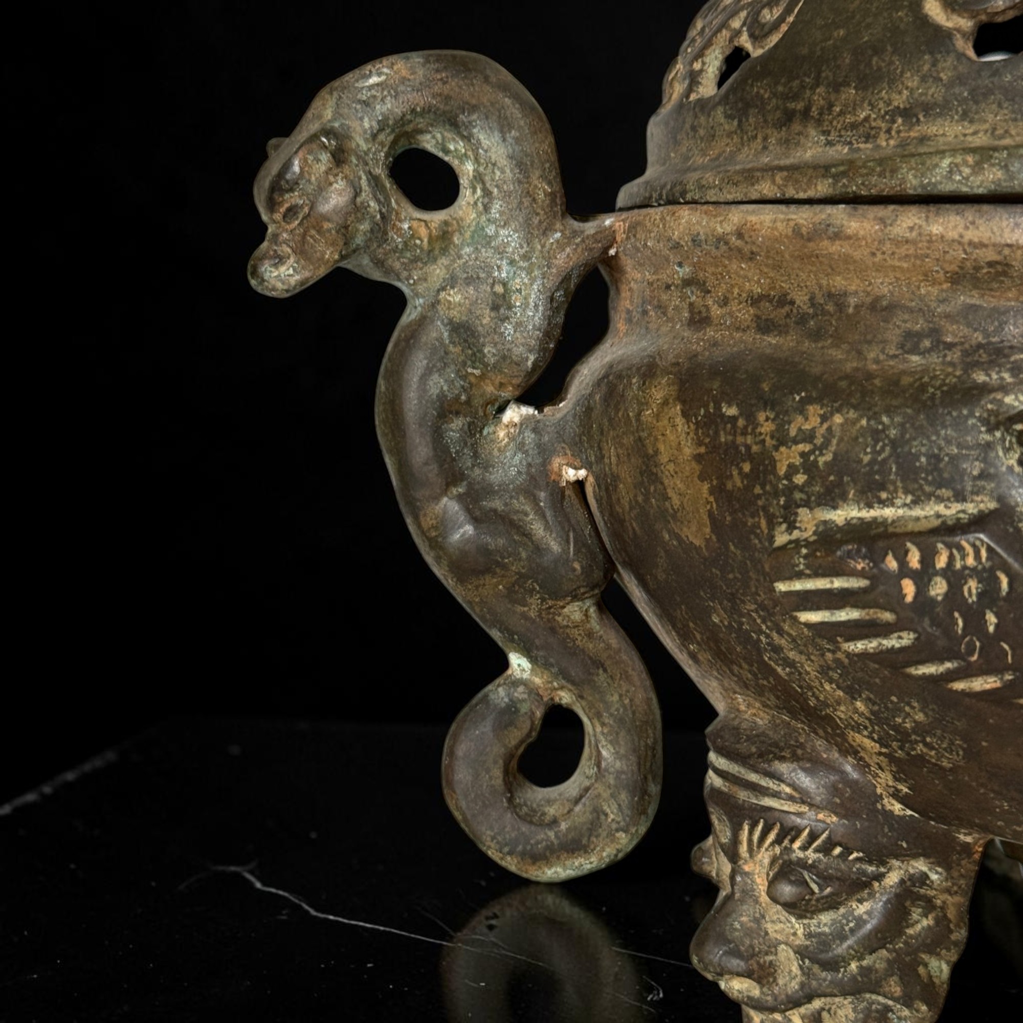 Altes chinesisches Räuchergefäß Bronze Eisen Drachen & Phönix