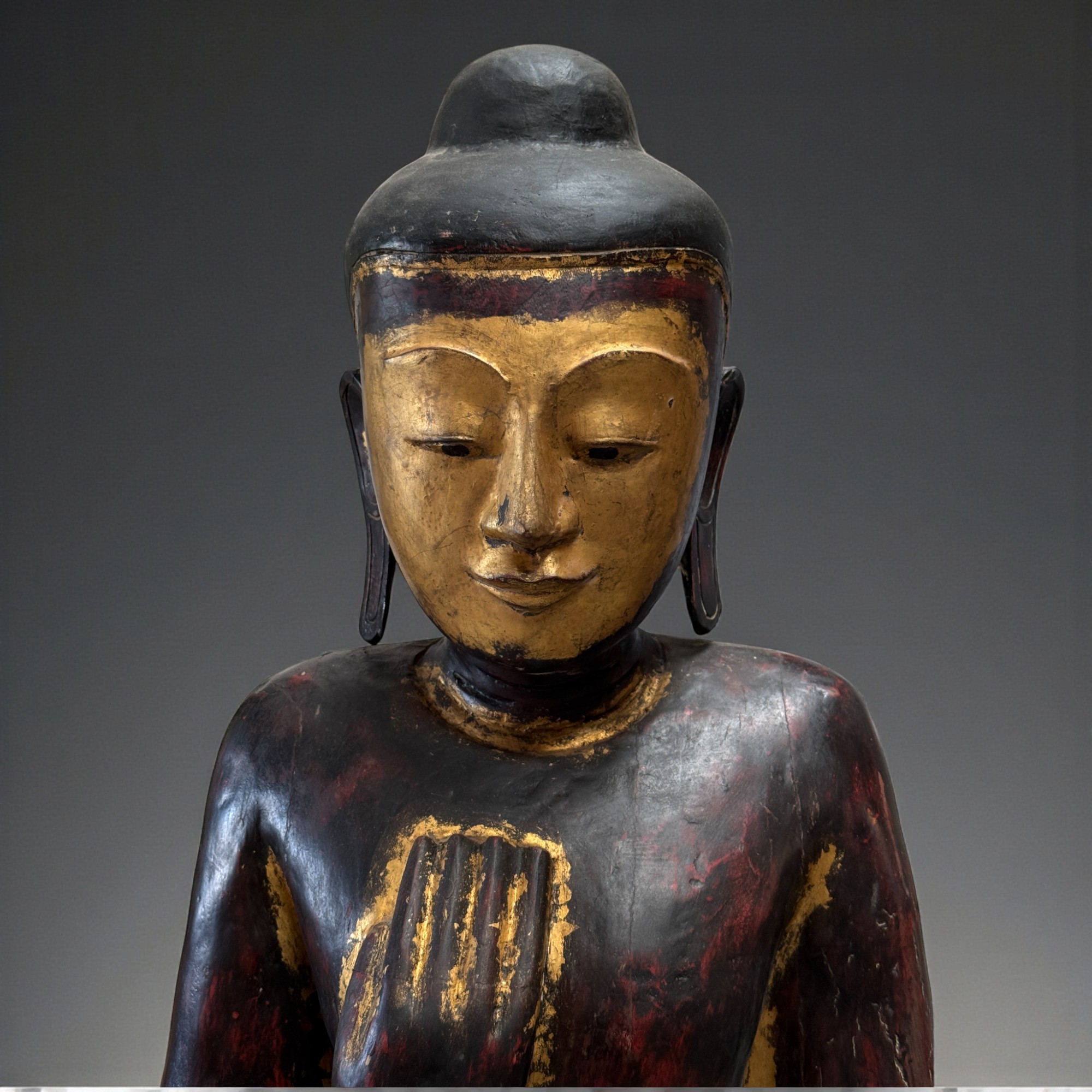 Birmanische Buddha Statue Teak Holz Skulptur Wunschgewährung