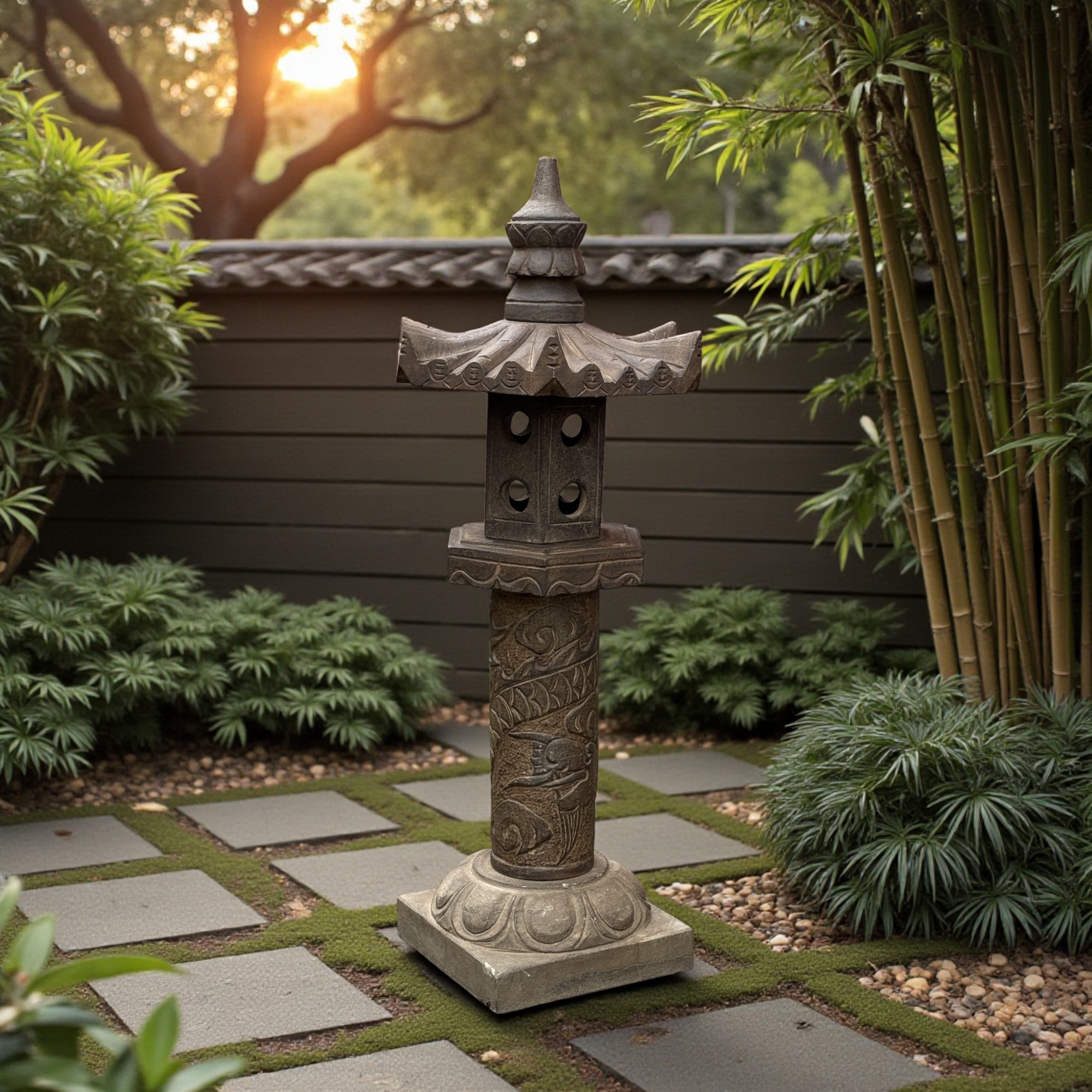 Chinesische Steinlaterne Garten Pagode aus Naturstein mit Drache