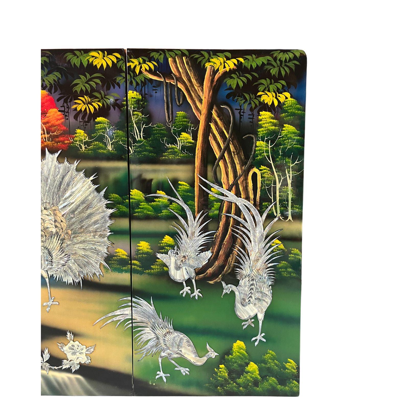 Asiatisches Wandbild Holz Lackbild Perlmutt Wanddeko - Pfau