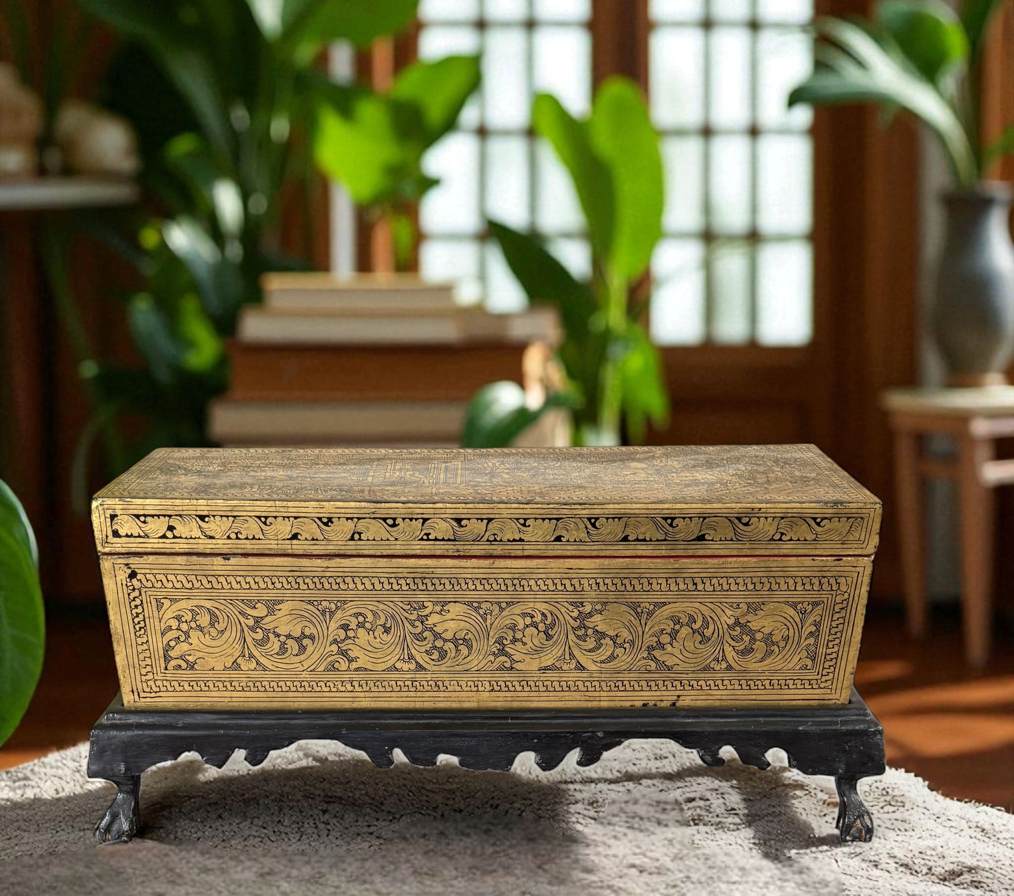 Burmesische Mönchstruhe aus Holz mit Lackmalerei – ca. 80–100 Jahre alt