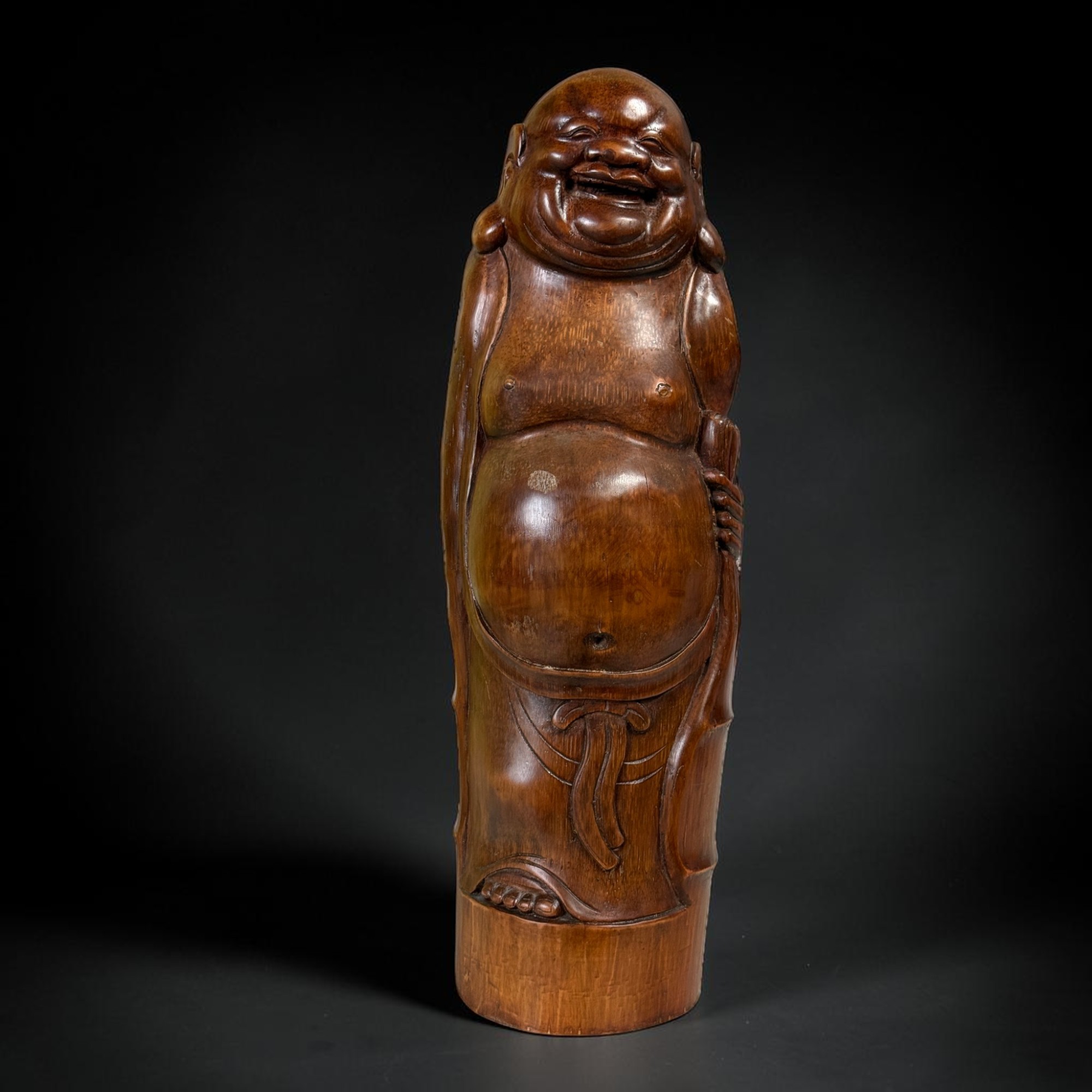 Alte Glücksbuddha Figur Lachender Buddha aus Bambusholz 46cm