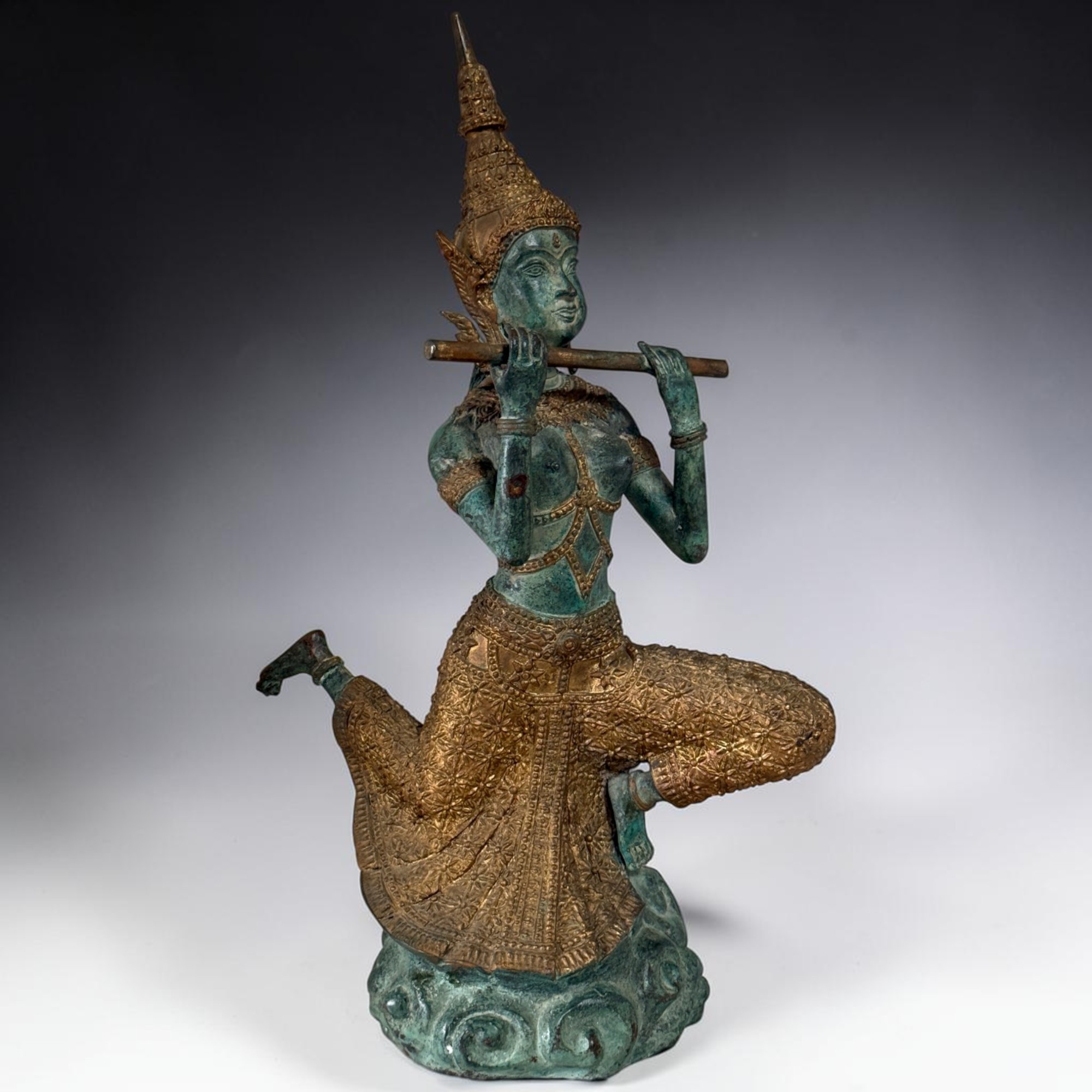Thailändischer Prinz Bronze Figur mit Flöte | 40,5cm Phra Aphai Mani | Alt Unikat