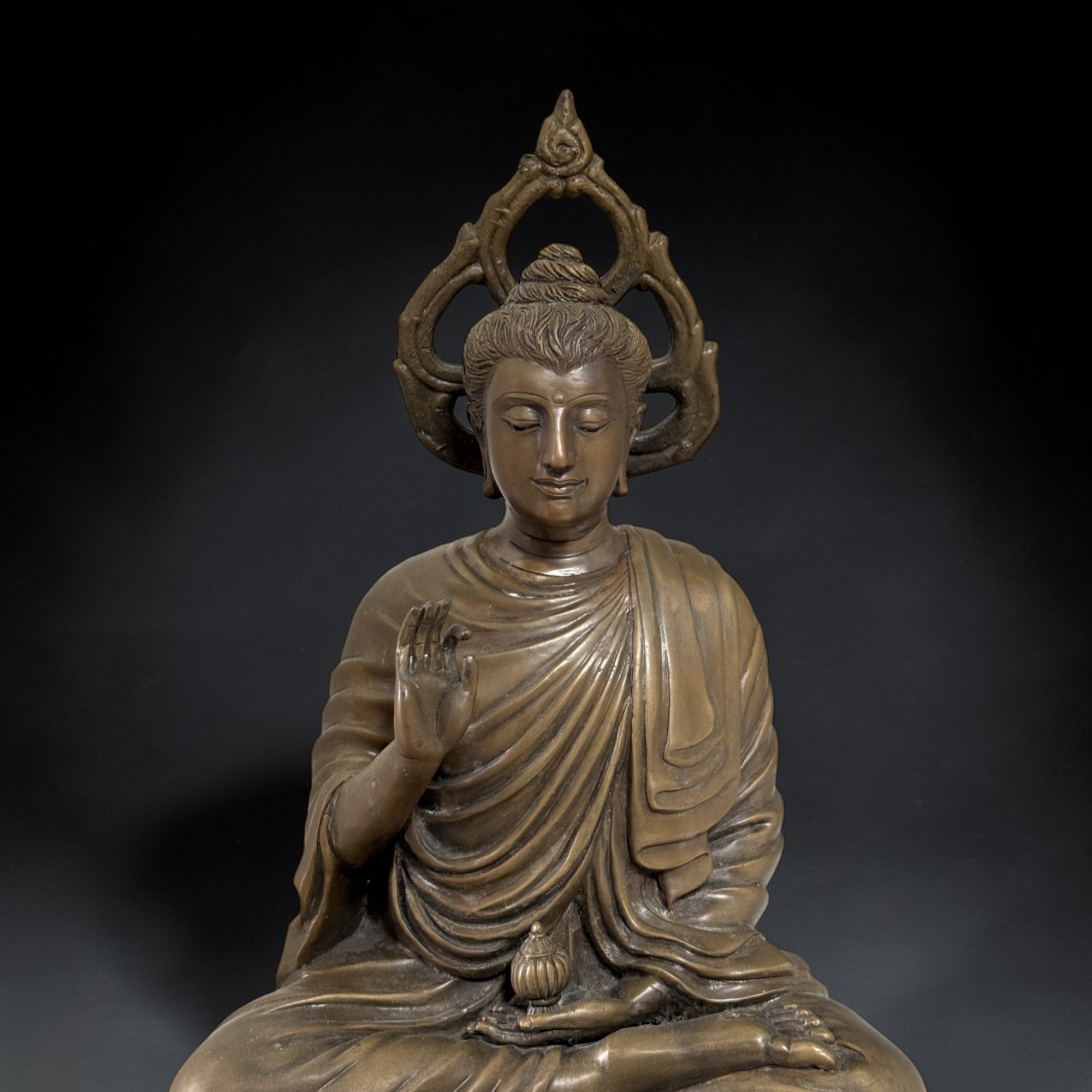Gandhara Bronze Buddha Skulptur mit Aureole 43 cm