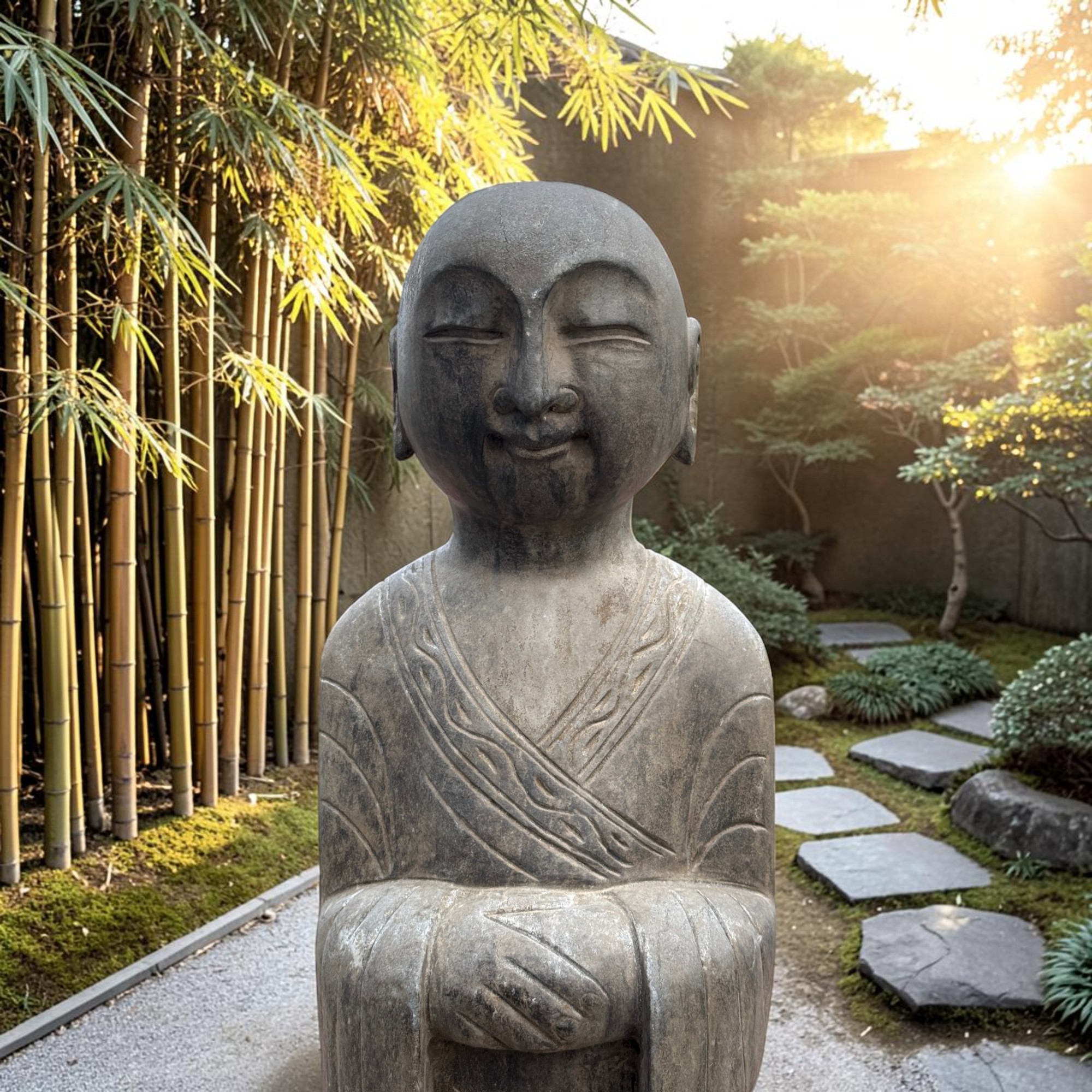 Zen Mönch Statue Naturstein 101cm | Meditierend | Tibet-Sichuan | Gartenstatue
