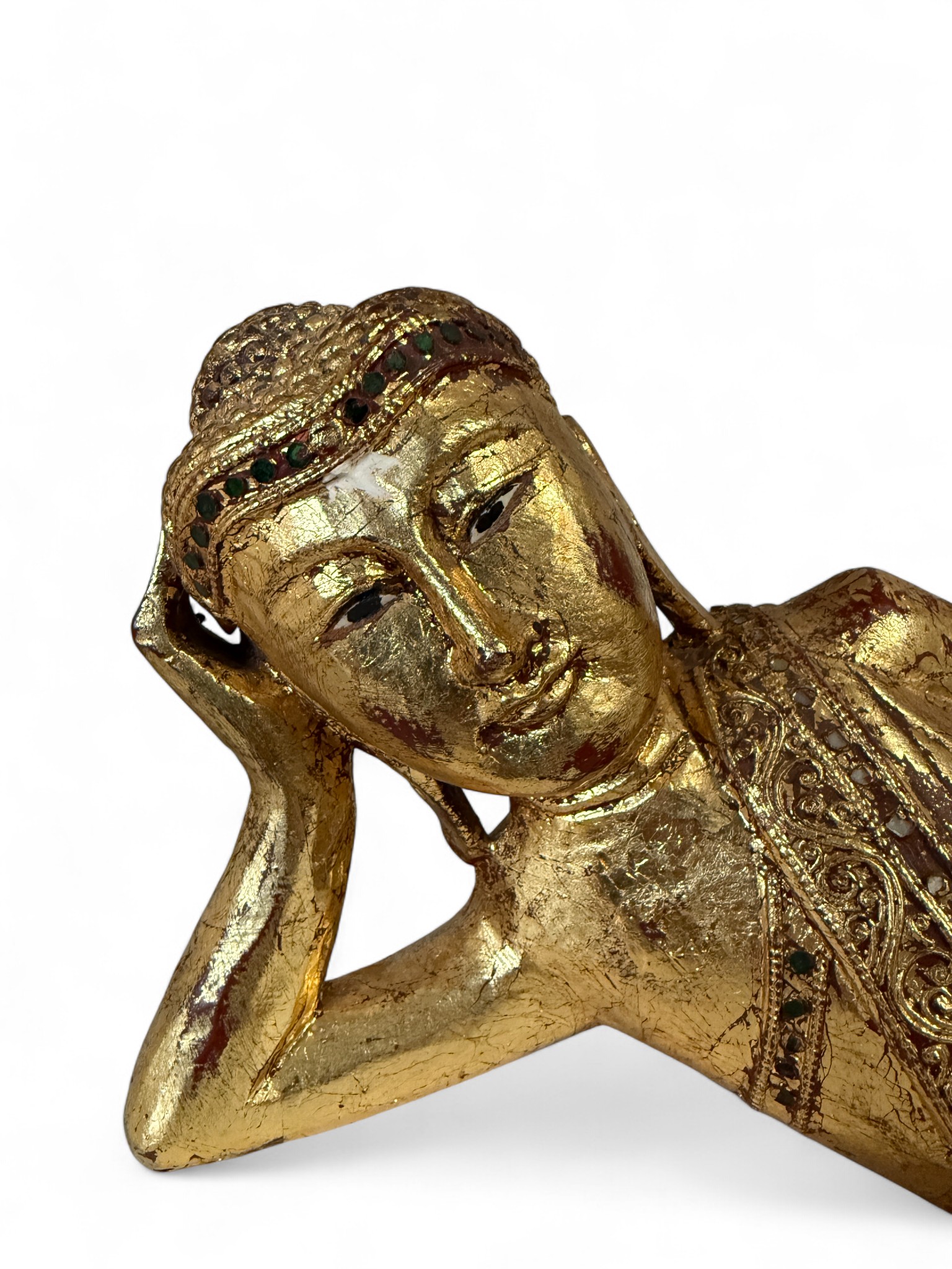 Nirvana Holz Buddha Figur aus Thailand, blattvergoldet