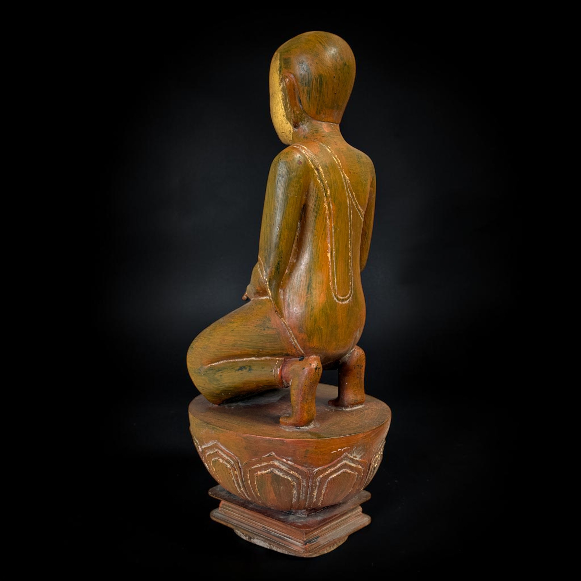 Mönch-Skulptur Sariputta Burma – Alt – Lacquerware &Restvergoldung – 72 cm groß