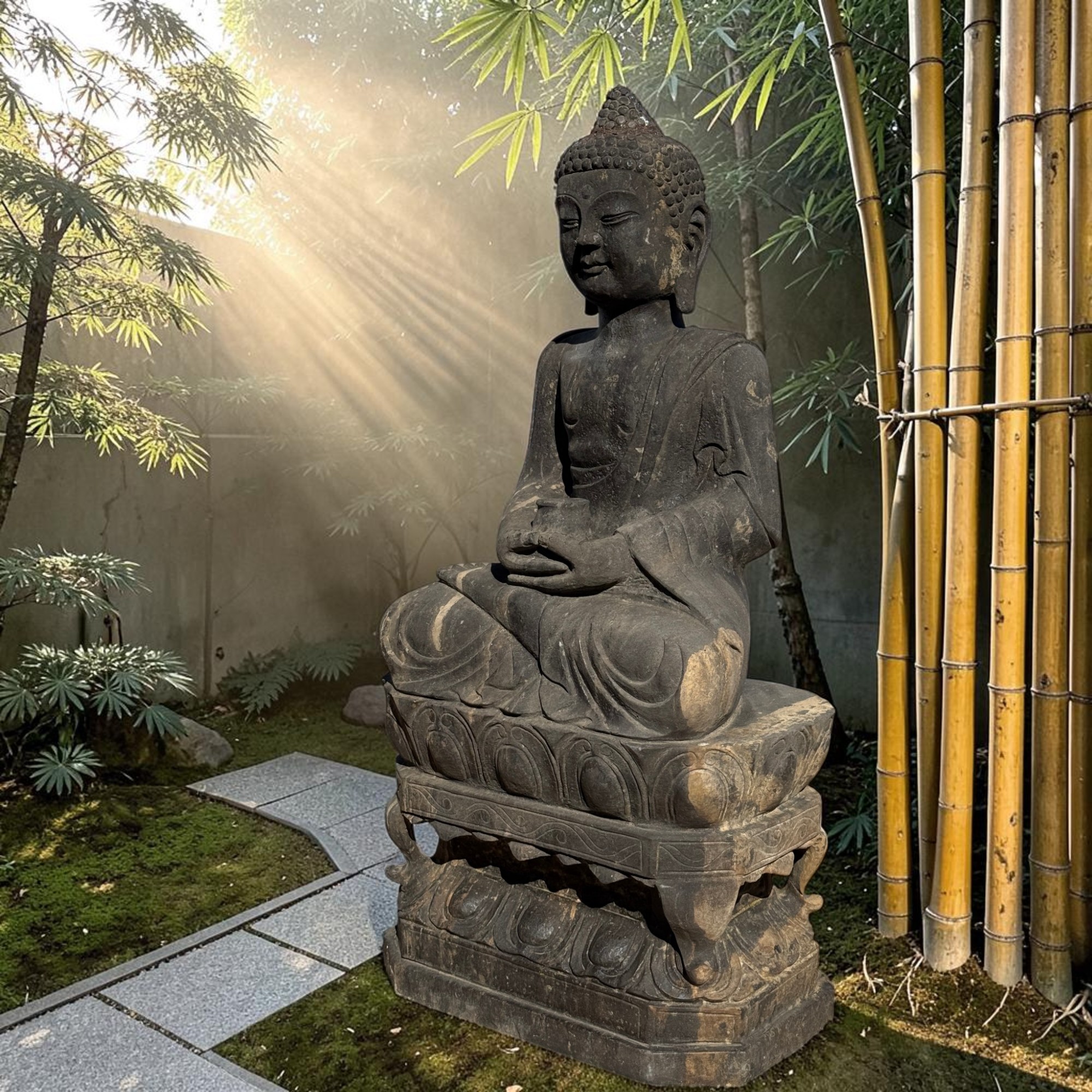 Garten Buddha Statue Naturstein Skulptur Amitabha 79cm Bluestone alter Zustand