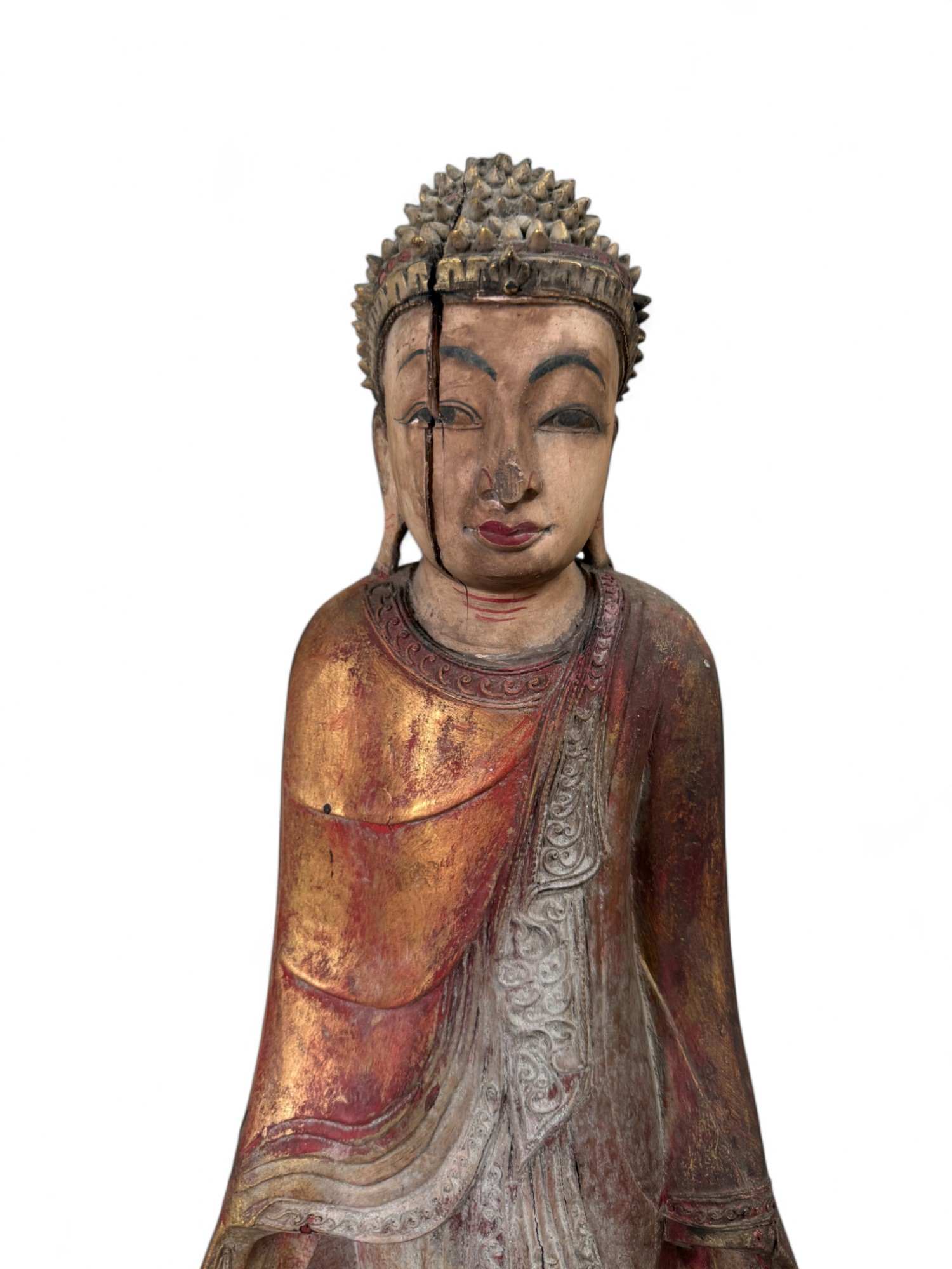 Stehender Buddha aus Burma – Teakholz Skulptur ca. 100 Jahre