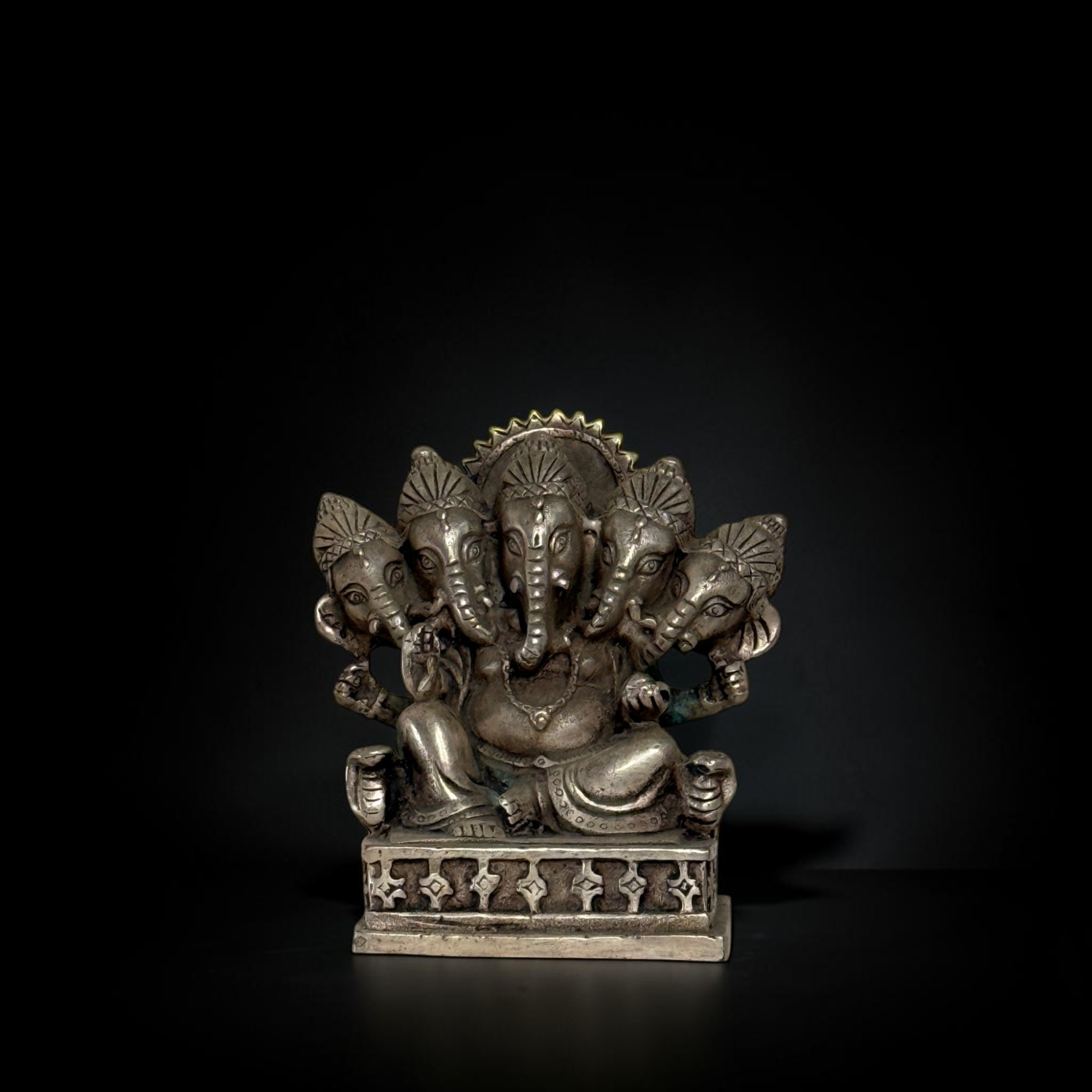 Pancha-Mukhi Ganesha Figur 5 Köpfe Skulptur Grünspan Hinduismus Asiatika