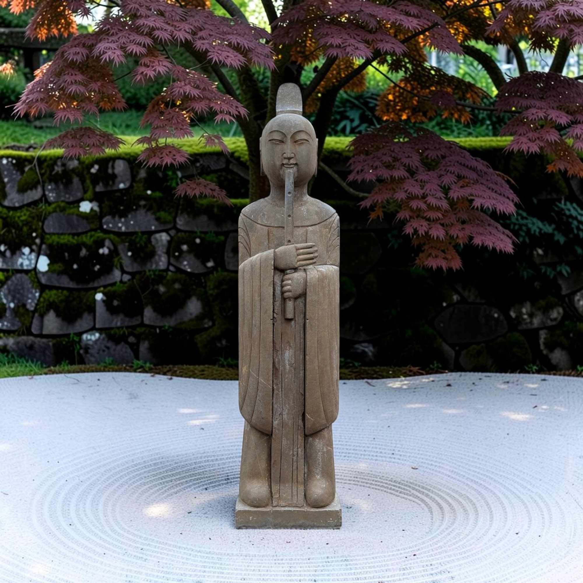 Chinesischer Gelehrter mit Bambusflöte Naturstein Garten Statue 121cm