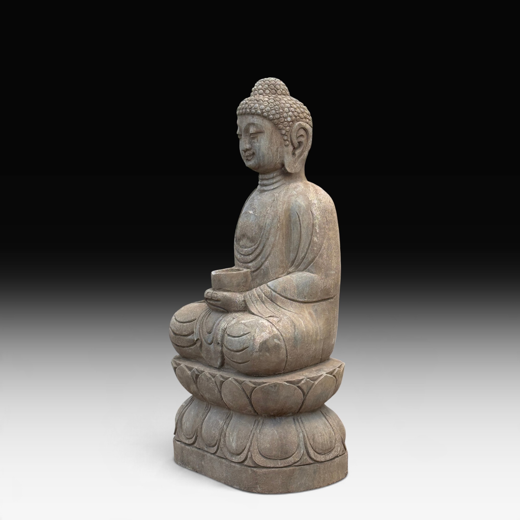 Amitabha Buddha Gartenfigur Naturstein (Bluestone), sitzend, frostfest, 79 cm