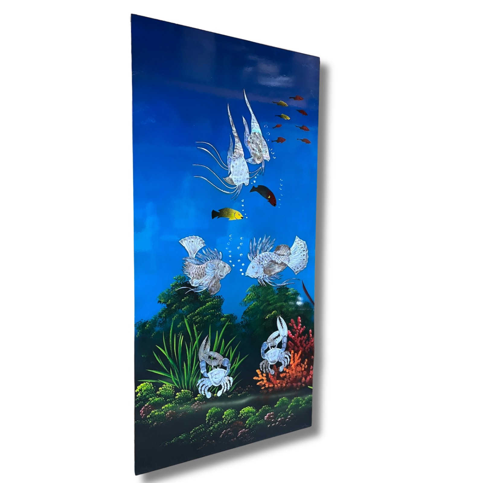 Asiatisches Wandbild Holz Lackbild Perlmutt mit Fische 100 cm Asiatisches Wandbild Holz Lackbild Perlmutt mit Fische 100 cm