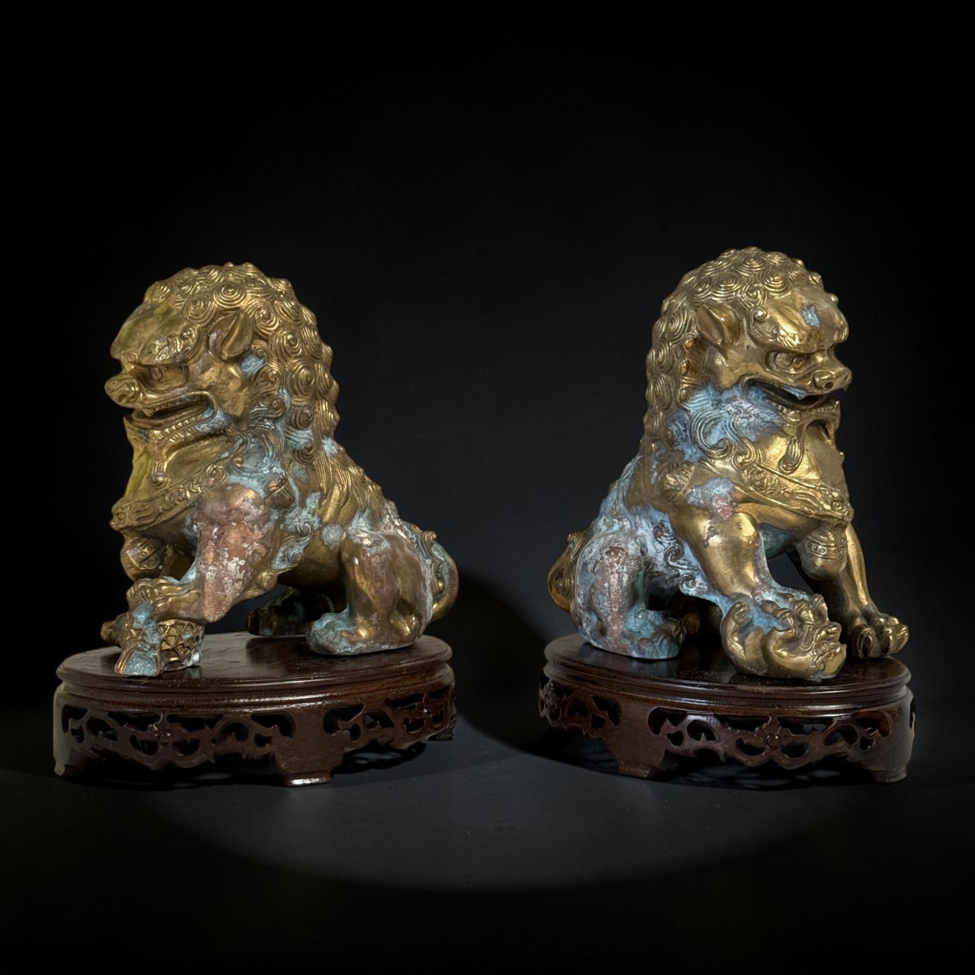 Paar alte Tempellöwen Bronze – Sammlernachlass – auf Holzpodest (20cm)