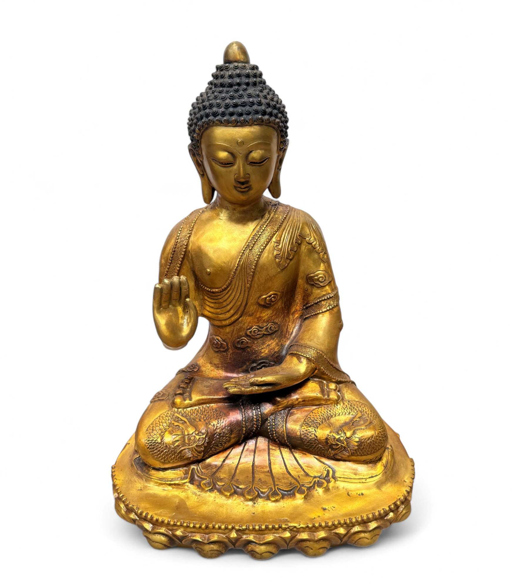 Bronze-Buddha 44 cm – Schutzgeste & Drachen – Sichuan China