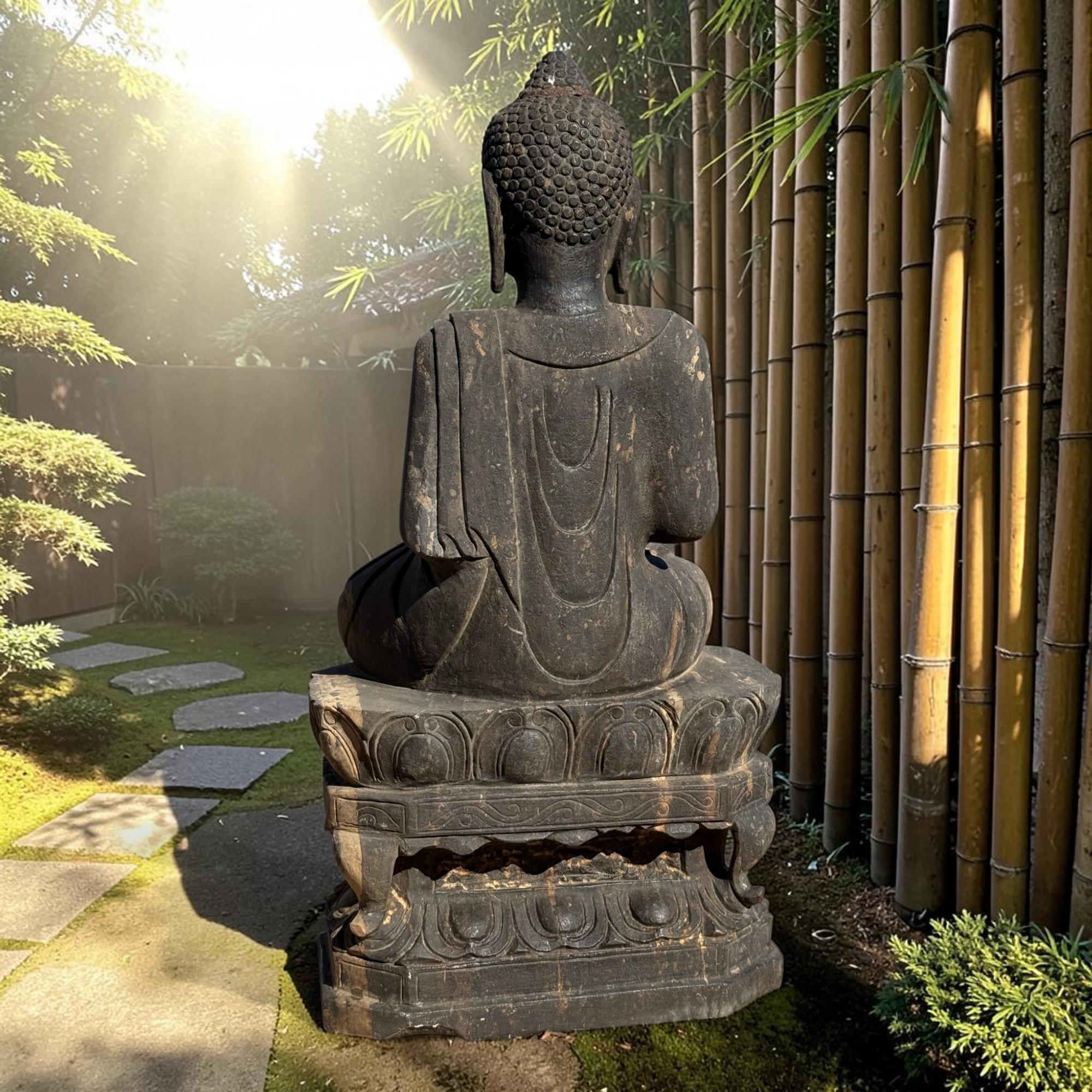 Garten Buddha Statue Naturstein Skulptur Amitabha 79cm Bluestone alter Zustand