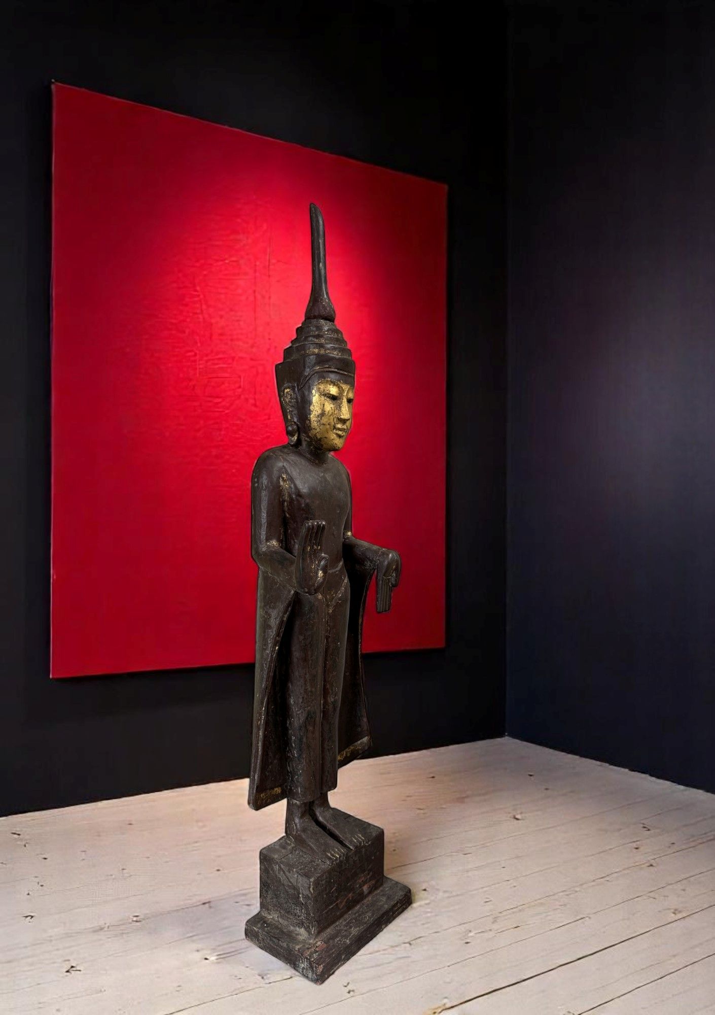 Buddha Statue Birma Teak Holz Skulptur Schutzgeste