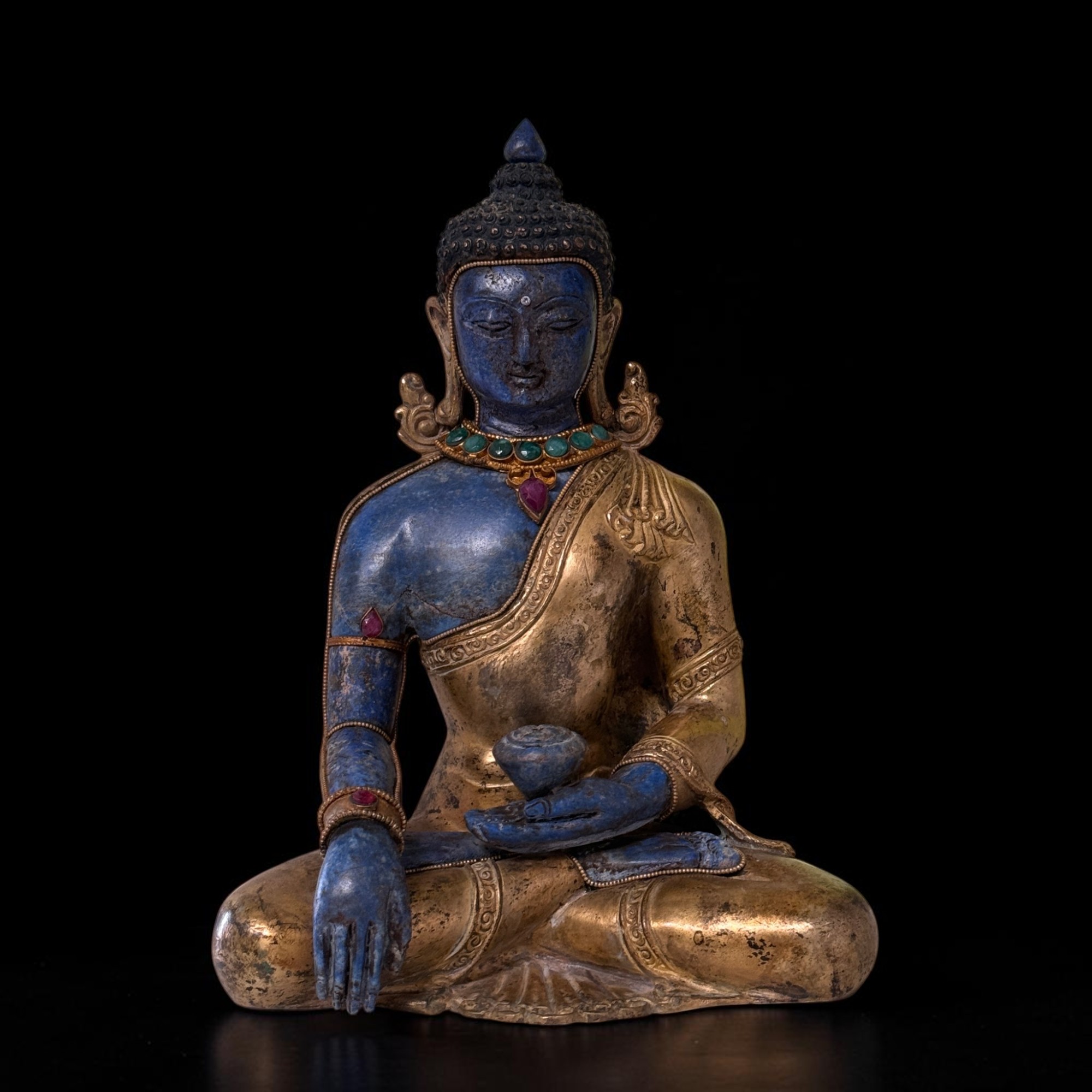 Siddharta Gautama Buddha Figur Bronze feuervergoldet Lapis Lazuli Nepal