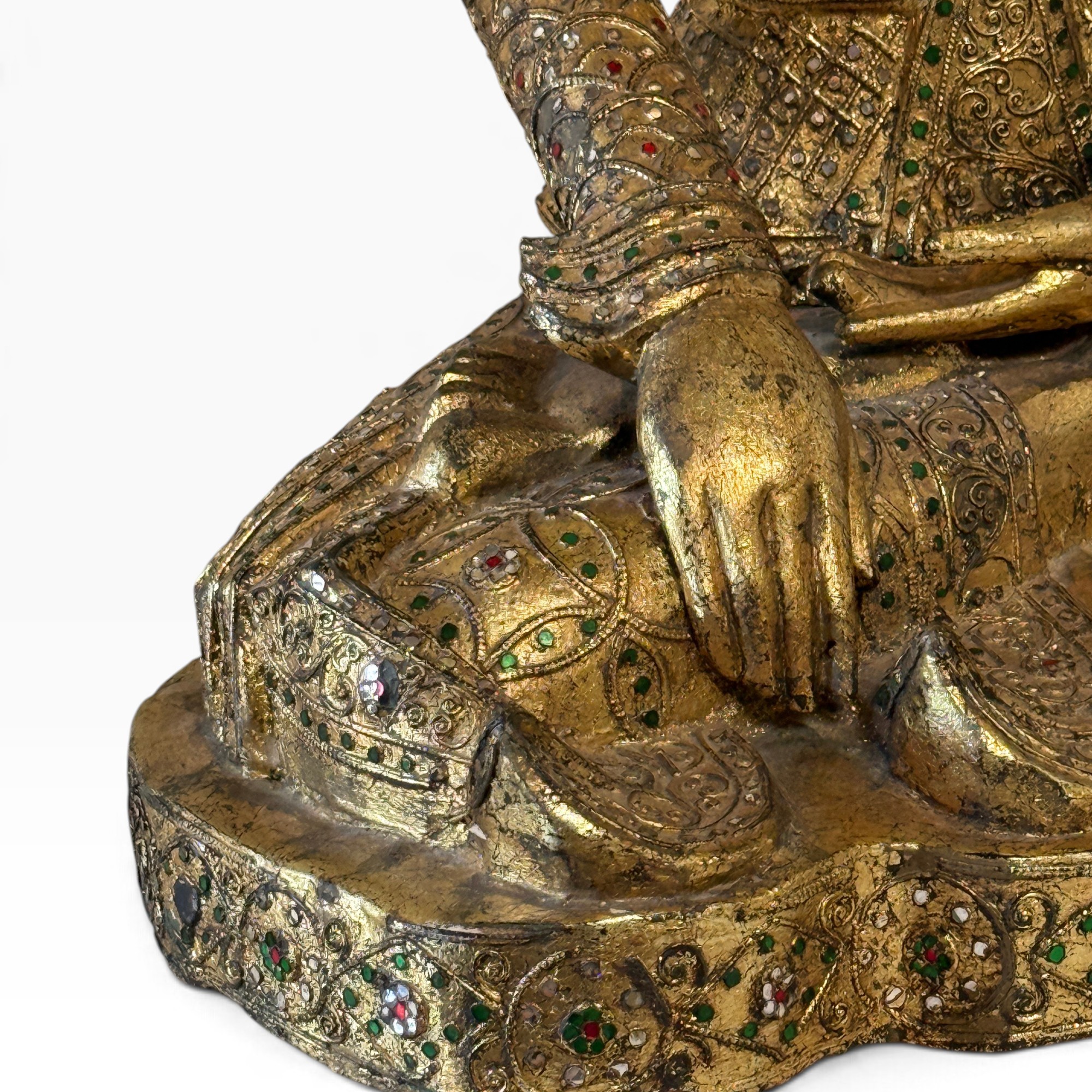 Mandalay Buddha aus Teakholz mit Blattvergoldung, Erdberührungsgeste, 56 cm