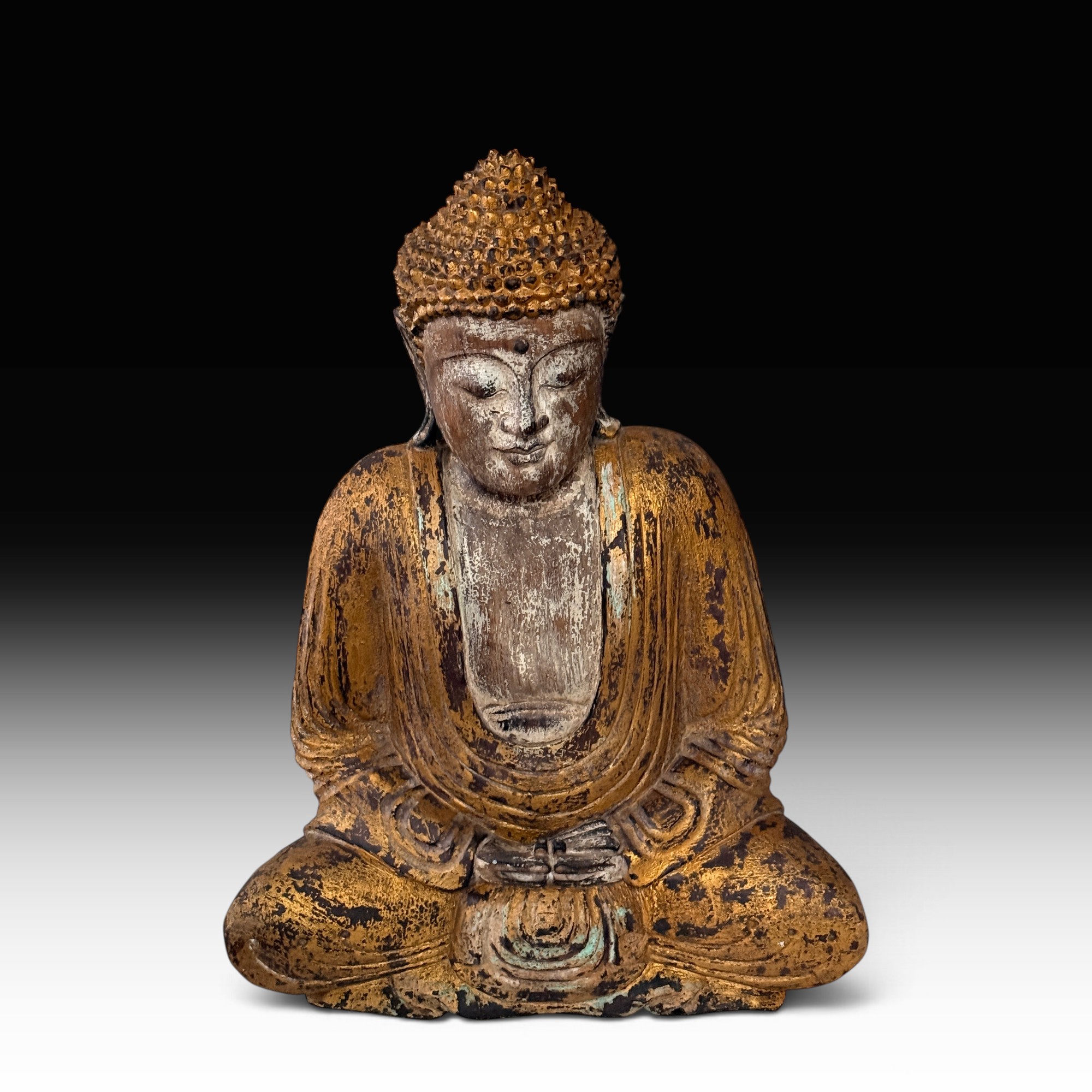 Vintage Buddha Statue Suarholz – Meditation Skulptur mit Goldpatina, 61 cm