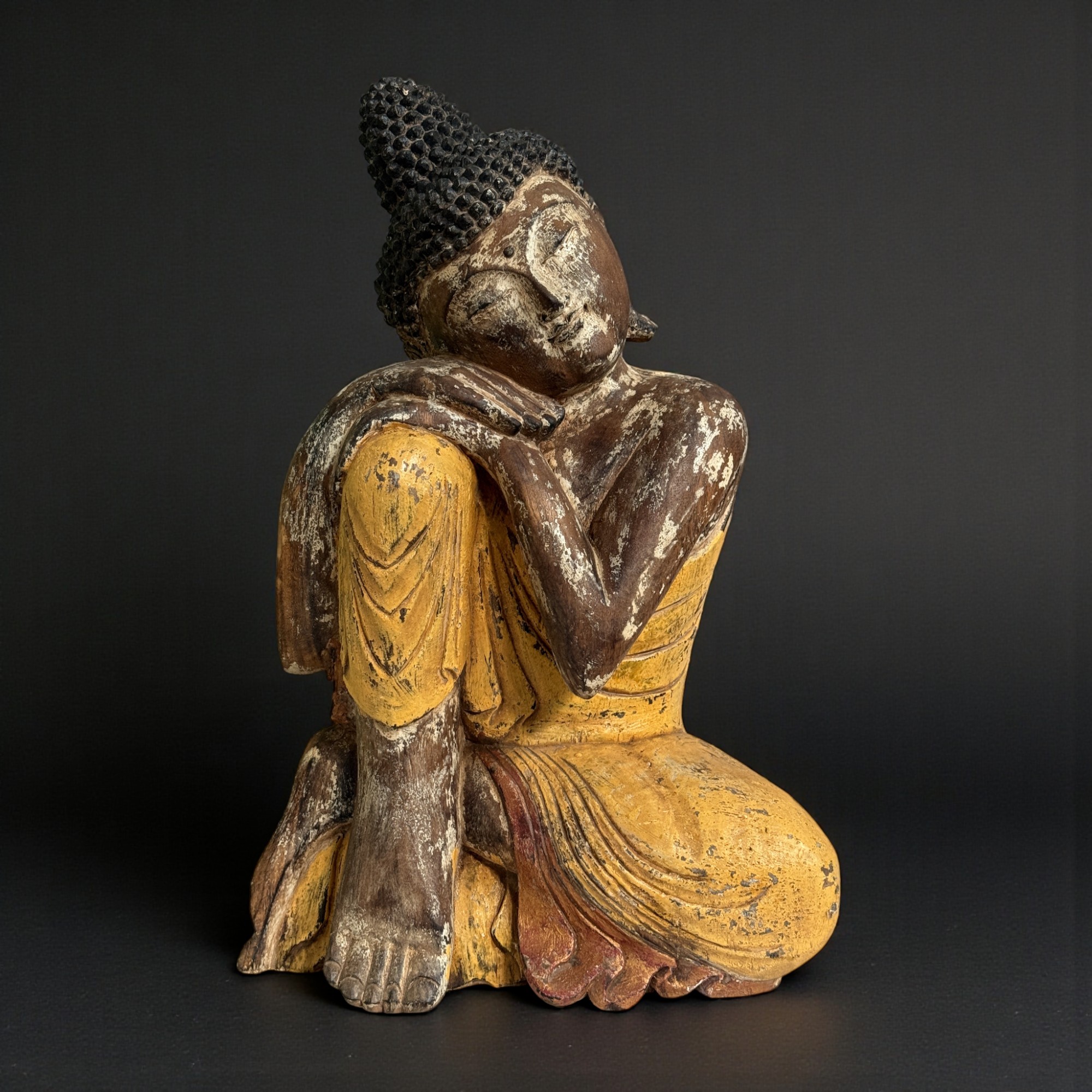 Schlafender Holz Buddha in Relax Pose aus Indonesien 62 cm groß