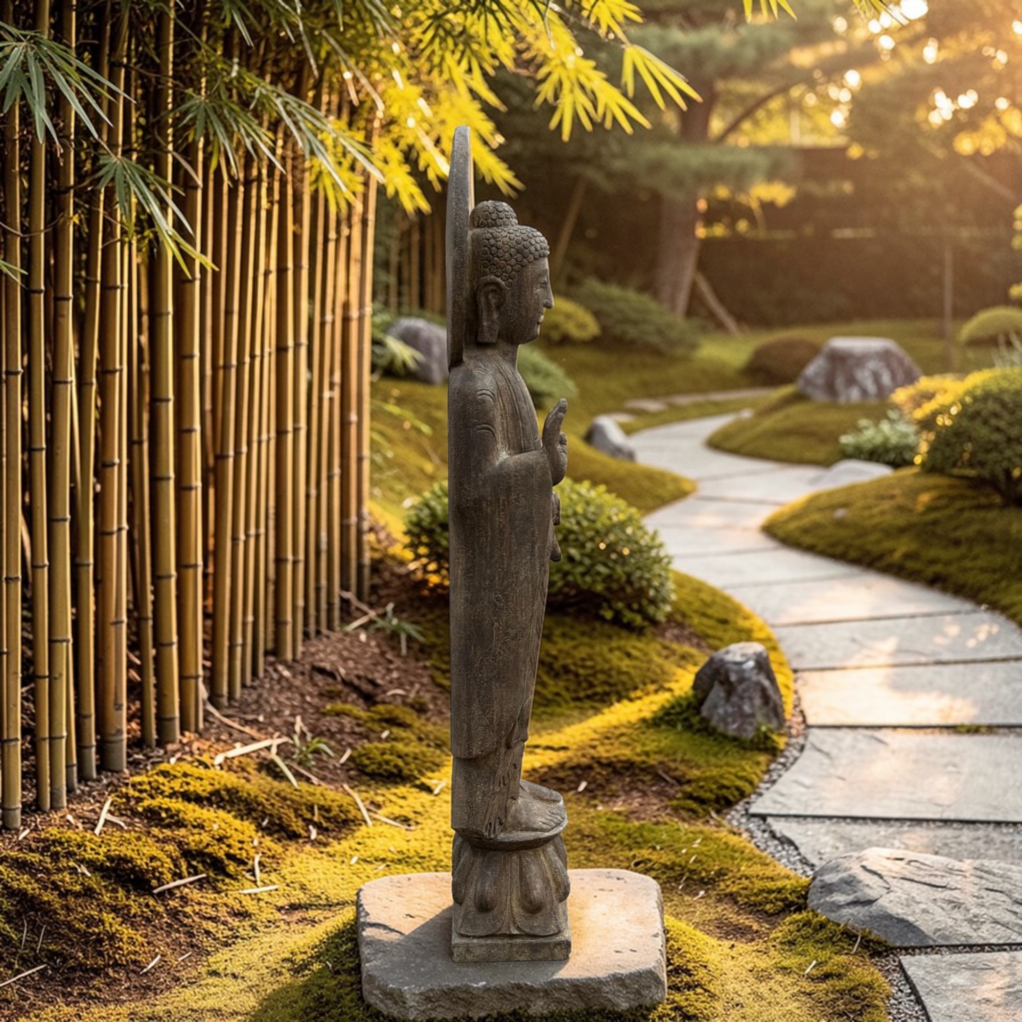 Garten Buddha Statue Naturstein Skulptur mit Aureole