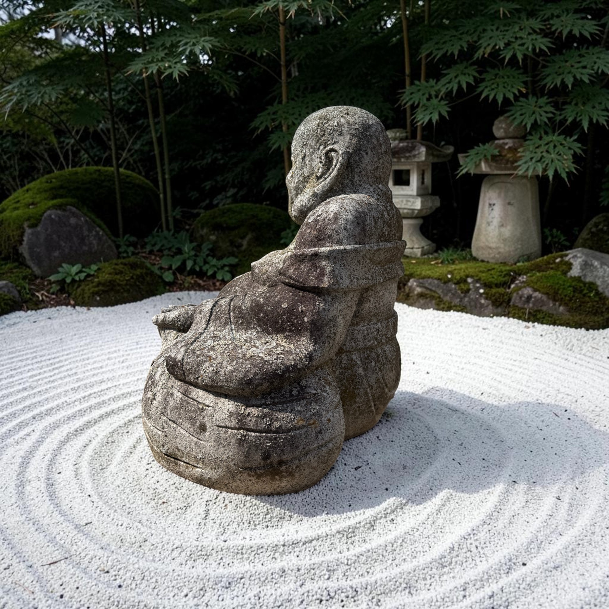 Happy Buddha aus Granit - Alte Steinfigur Gartenfigur