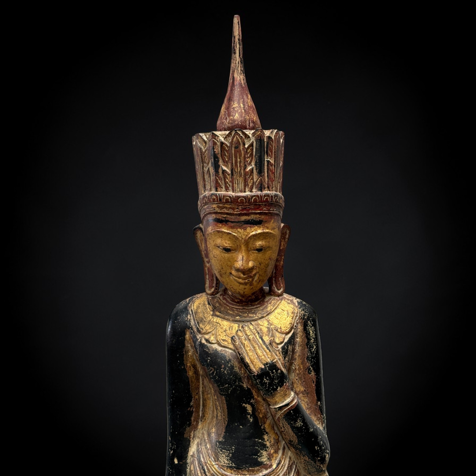 Königlicher Teakholz-Buddha Burma, 166 cm, 19. Jahrhundert – Seltene Herz-Mudra