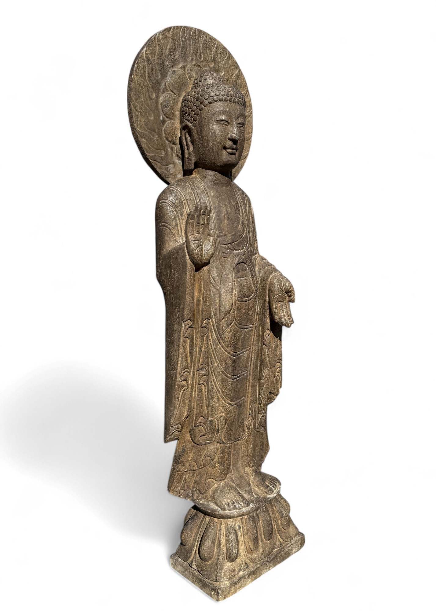 Garten Buddha Statue Naturstein Skulptur mit Aureole