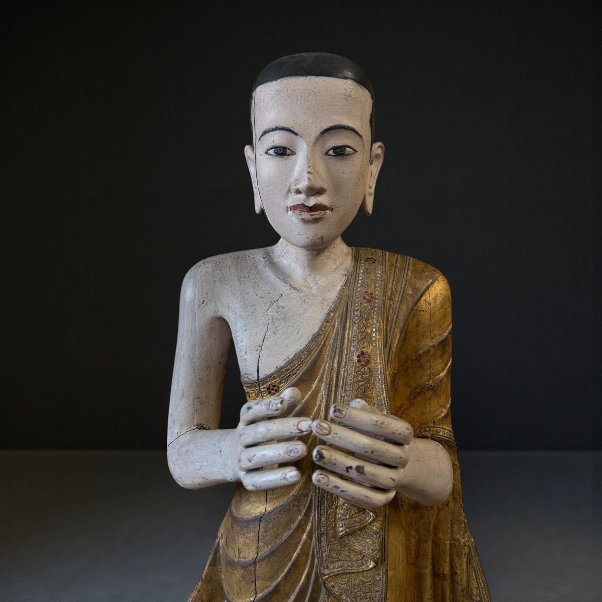 Burma Mönch Statue Teak Holz Skulptur meditierende Pose