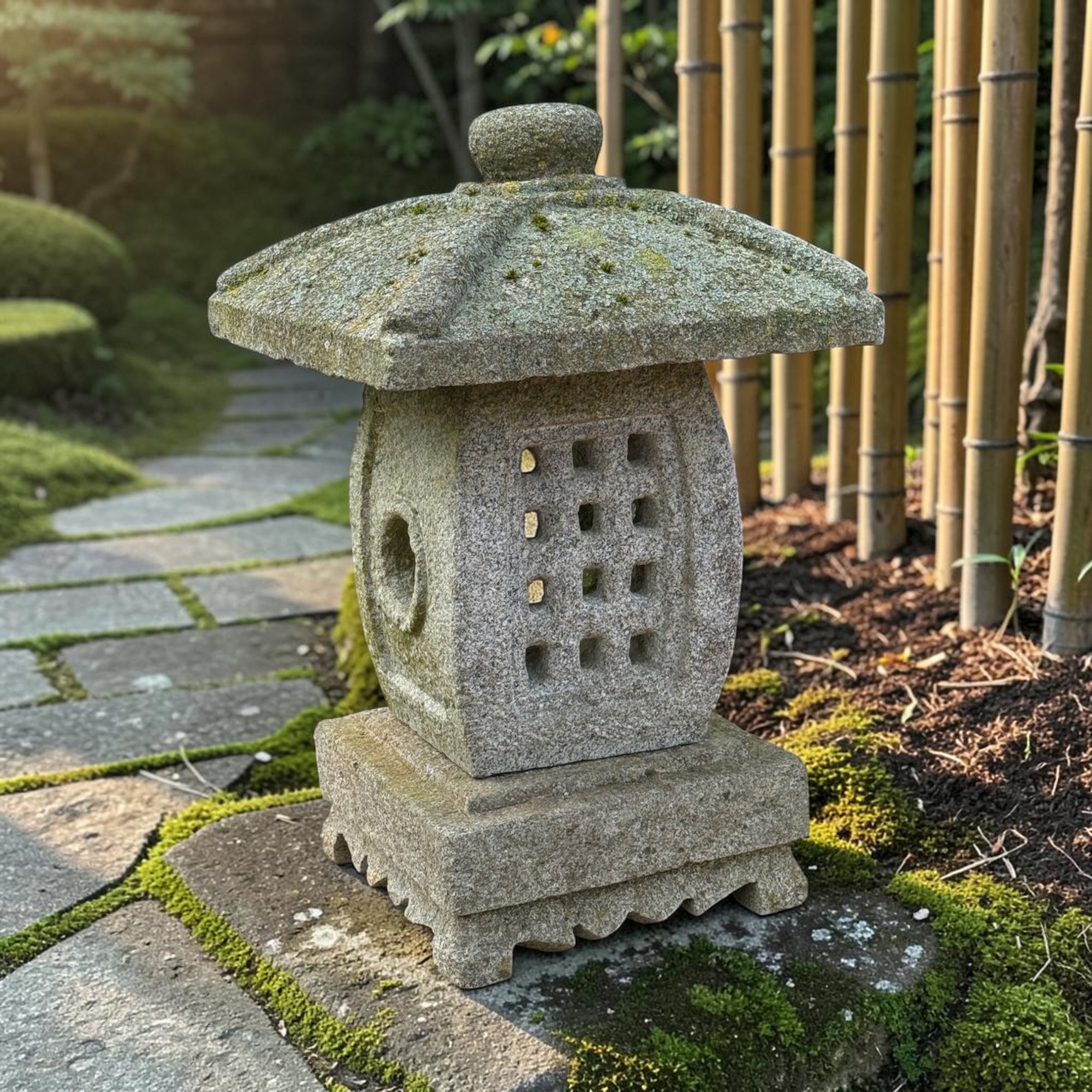 Alte Japanische Steinlaterne Granit 62cm - Ikekomi-Stil - Bemoost & Frostfest