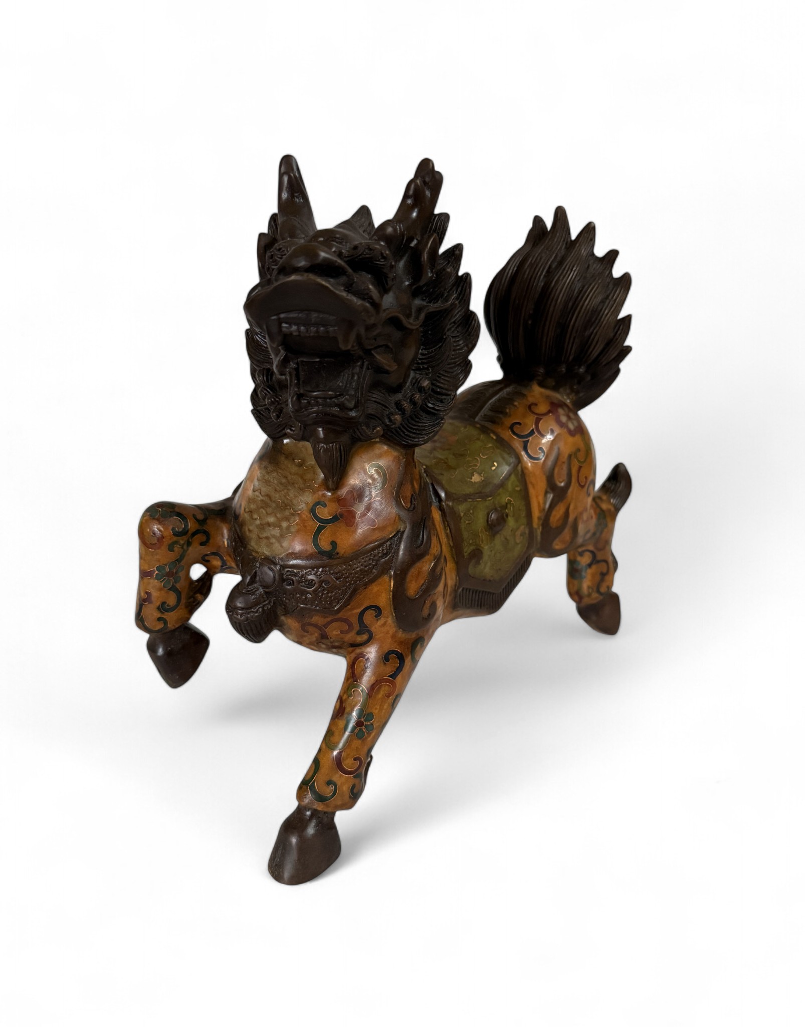 Qilin Cloisonné Bronze Figur – Glücksdrache & Wächterlöwe – Antikmarkt China/Tibet (Sichuan) – 24,5 cm