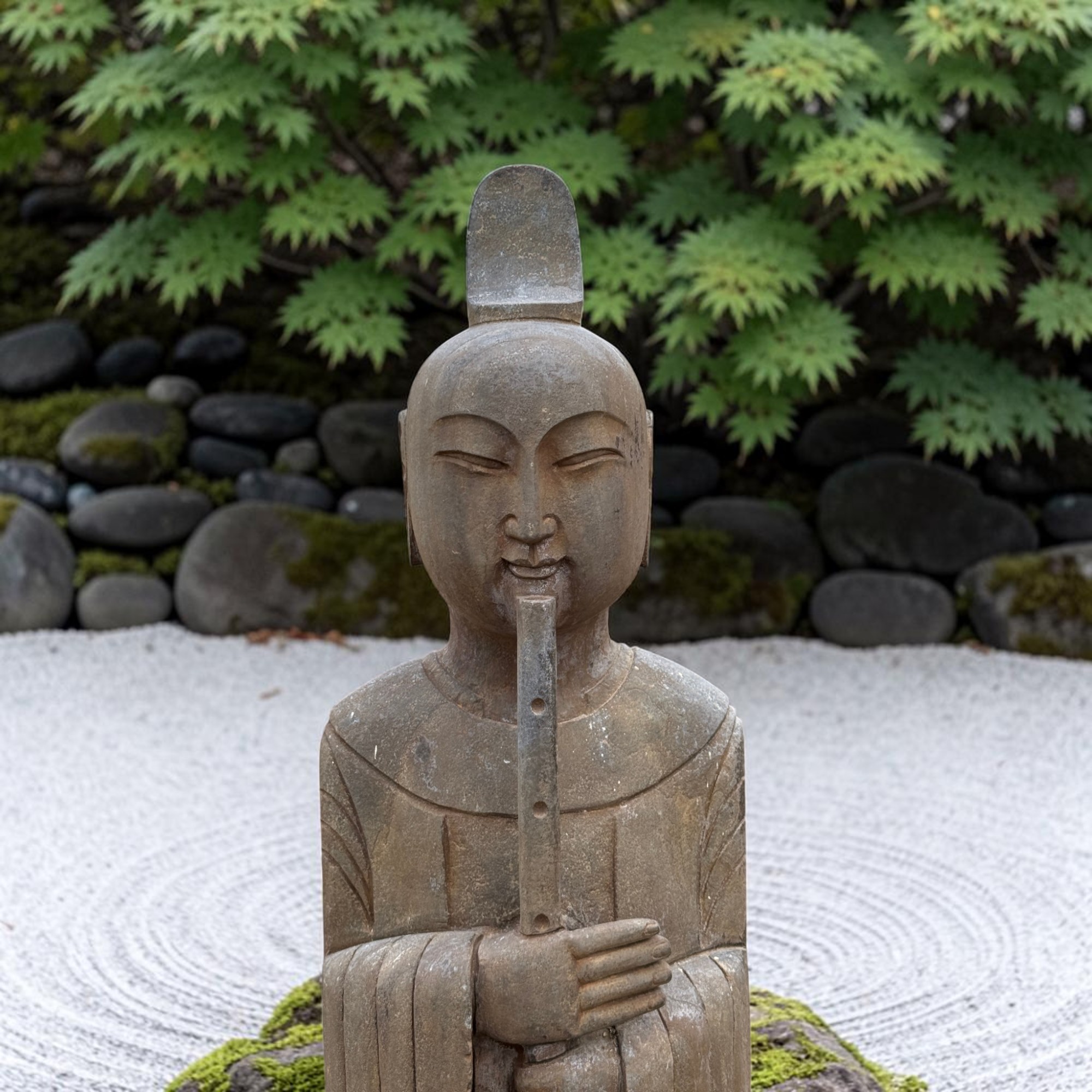 Chinesischer Gelehrter mit Bambusflöte Naturstein Garten Statue 121cm