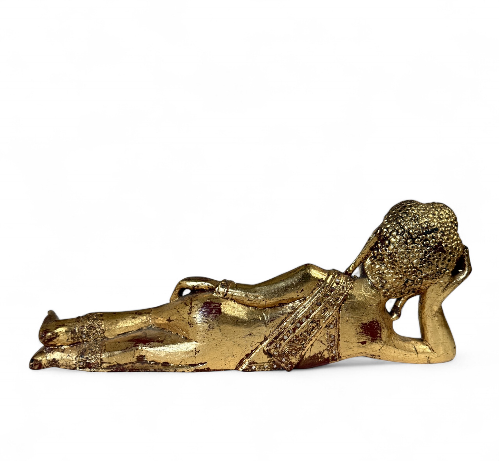 Nirvana Holz Buddha Figur aus Thailand, blattvergoldet