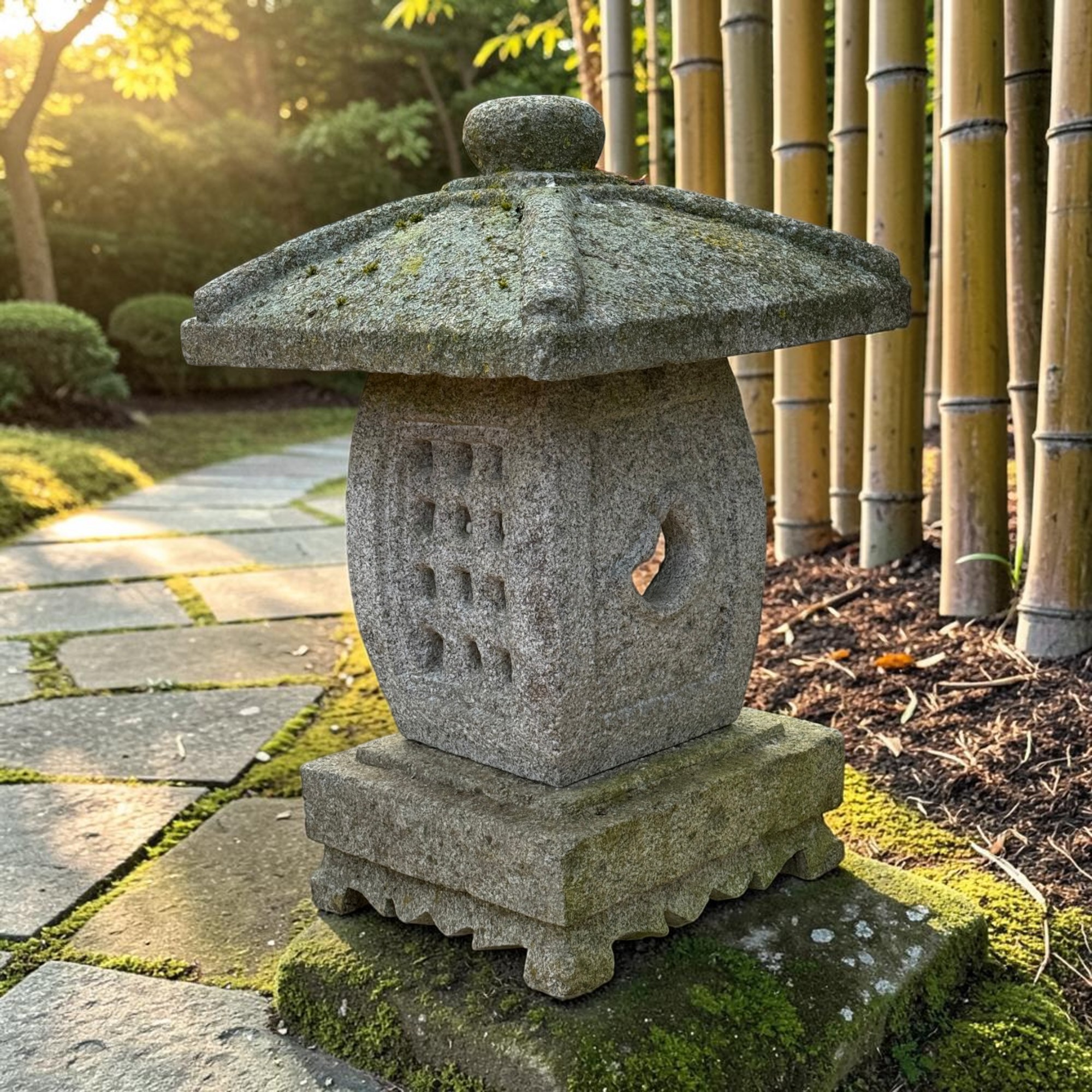 Alte Japanische Steinlaterne Granit 62cm - Ikekomi-Stil - Bemoost & Frostfest