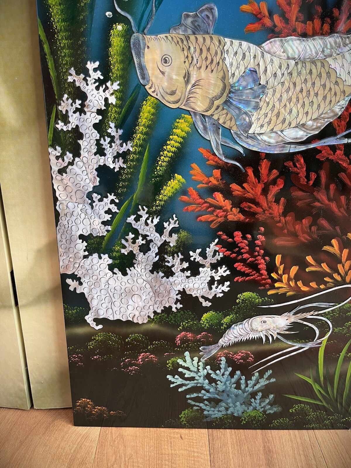 Asiatisches Wandbild Holz Lackbild Perlmutt mit Fische 100 cm