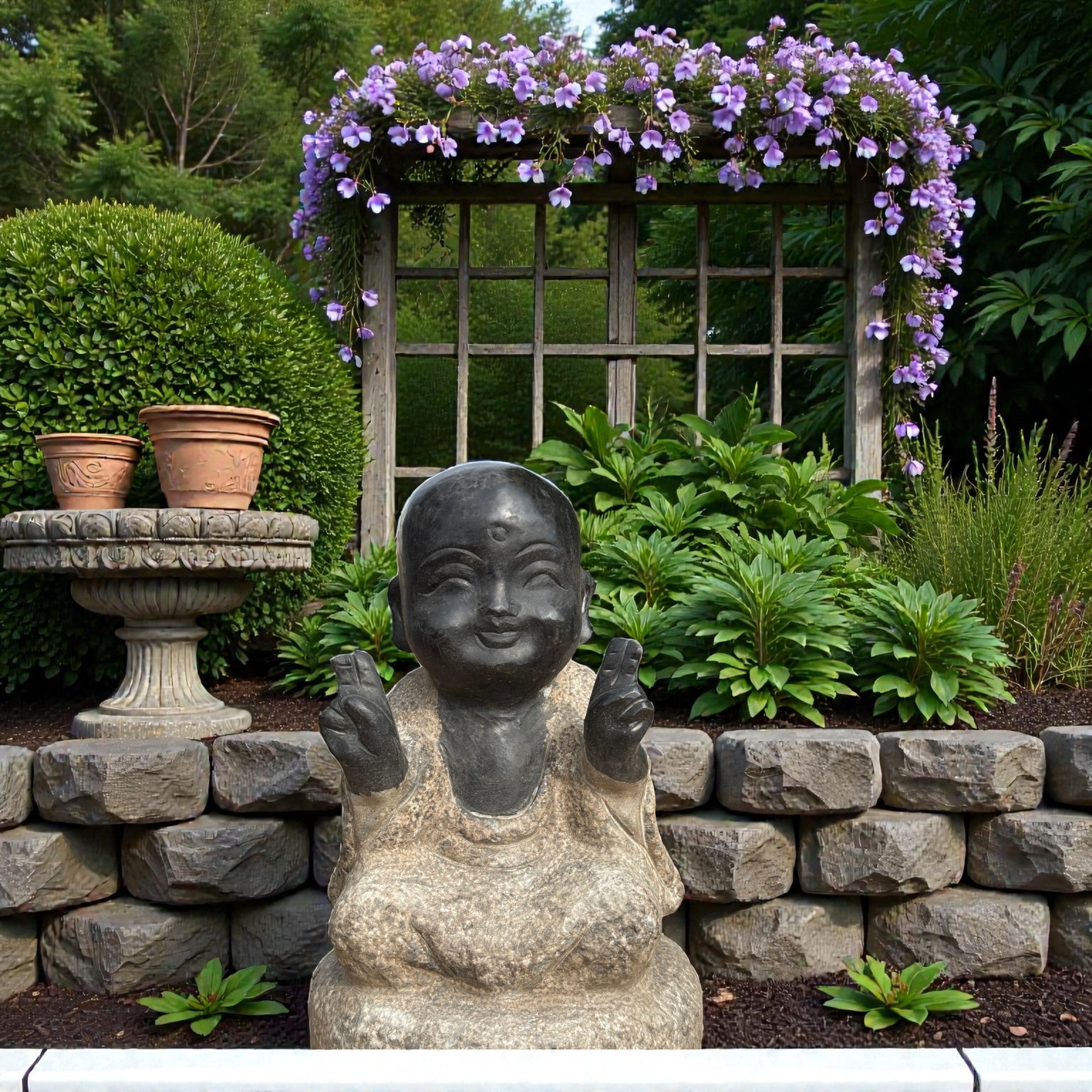 Zen Mönch Gartenfigur aus Naturstein Prana Mudra frostfest & witterungsbeständig