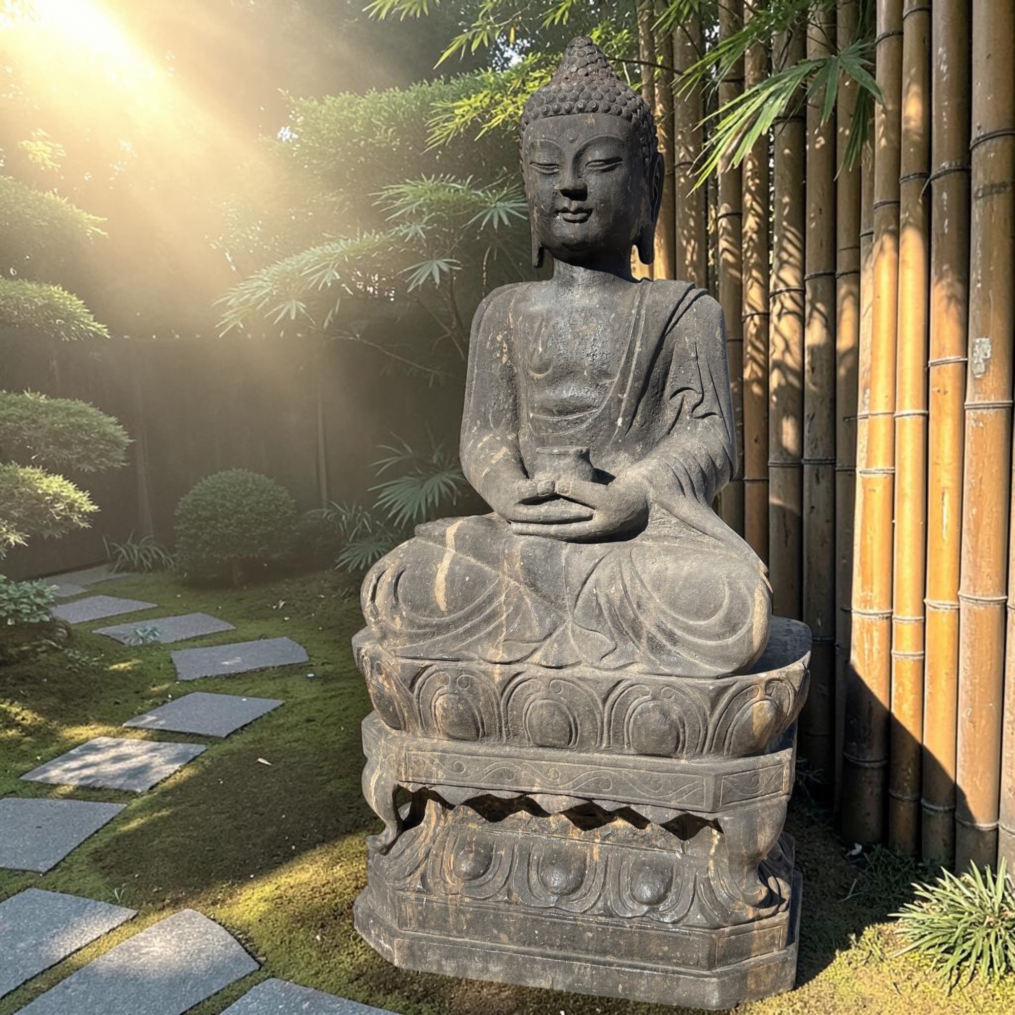 Garten Buddha Statue Naturstein Skulptur Amitabha 79cm Bluestone alter Zustand