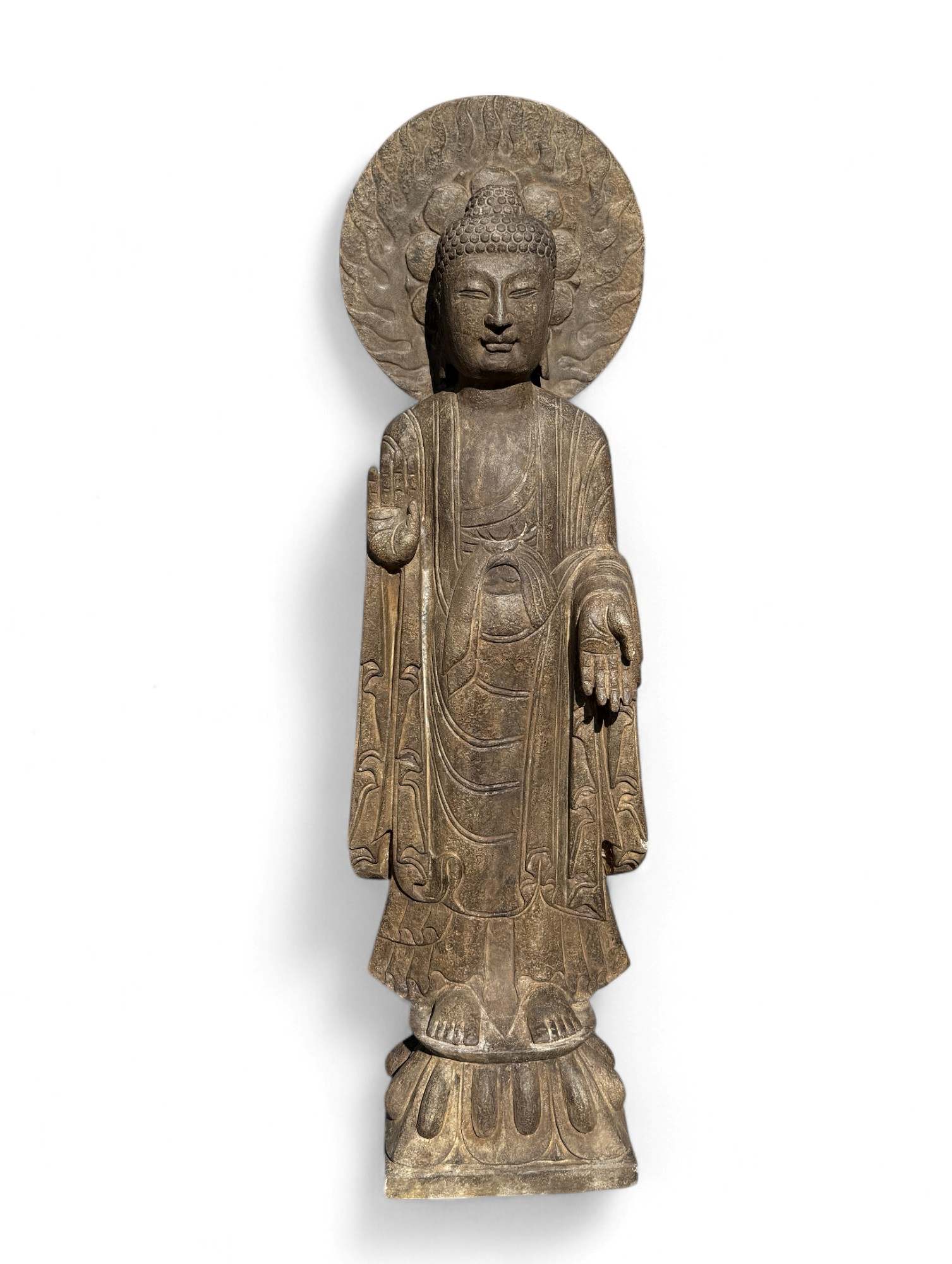 Garten Buddha Statue Naturstein Skulptur mit Aureole