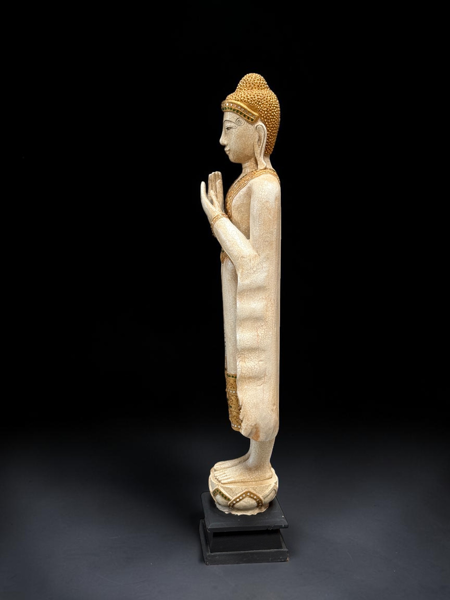 Thailändische Holz Buddha Figur 116 cm – Dharmachakra Mudra Skulptur groß