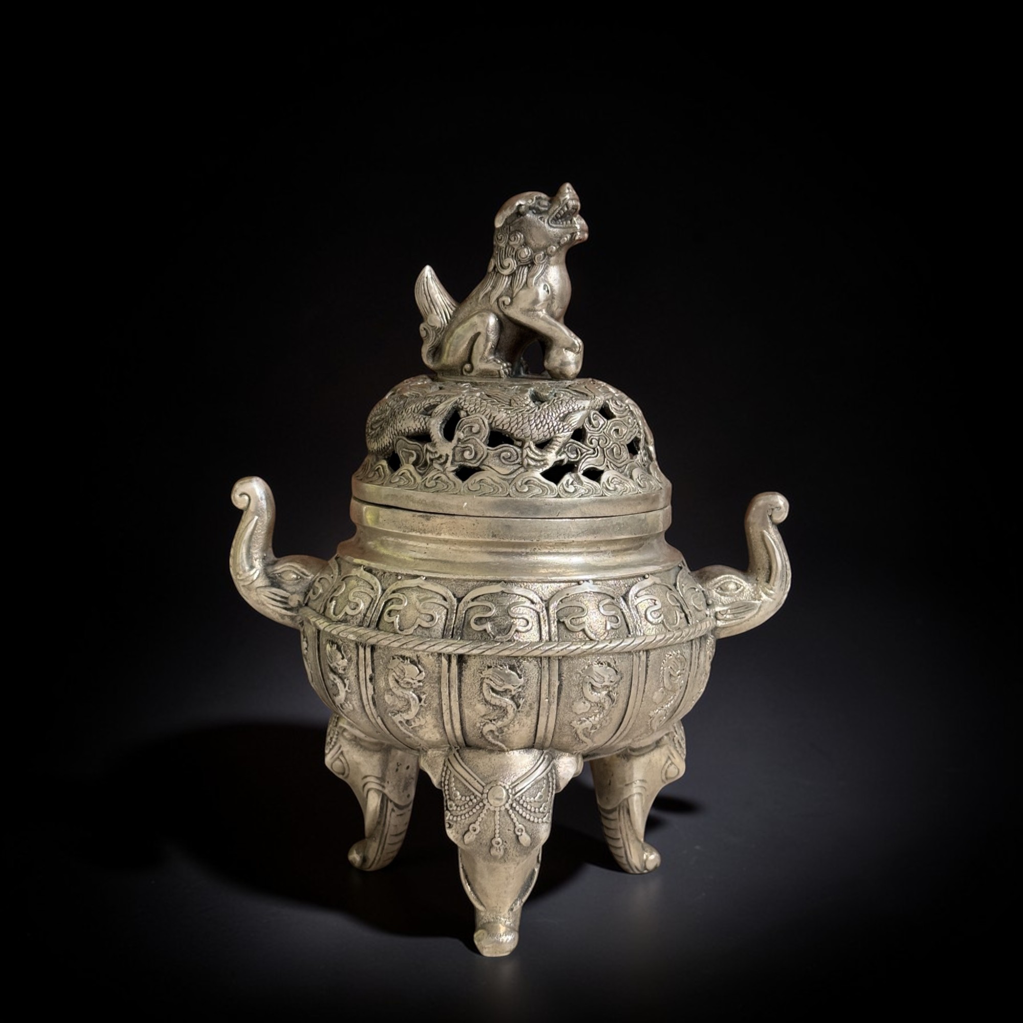 Bronze Räuchergefäß China – Mit Elefanten, Drachen & Tempellöwe (22cm)