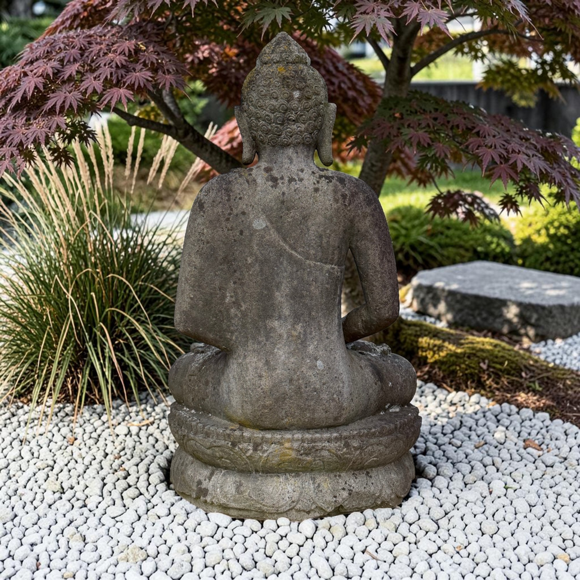 Flussstein Buddha Statue Java Borobudur Stil – Handgeschlagene Steinfigur 81 cm