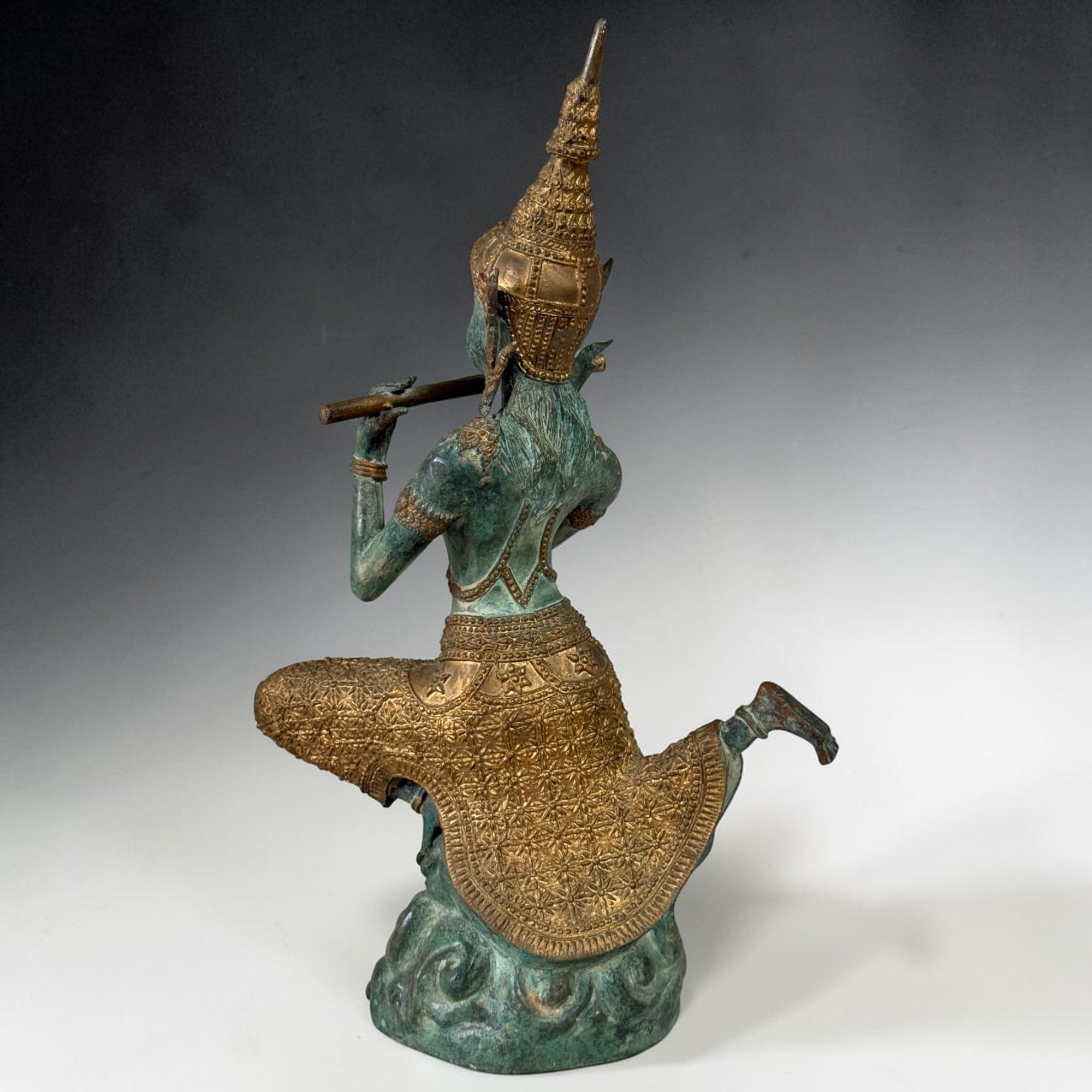 Thailändischer Prinz Bronze Figur mit Flöte | 40,5cm Phra Aphai Mani | Alt Unikat