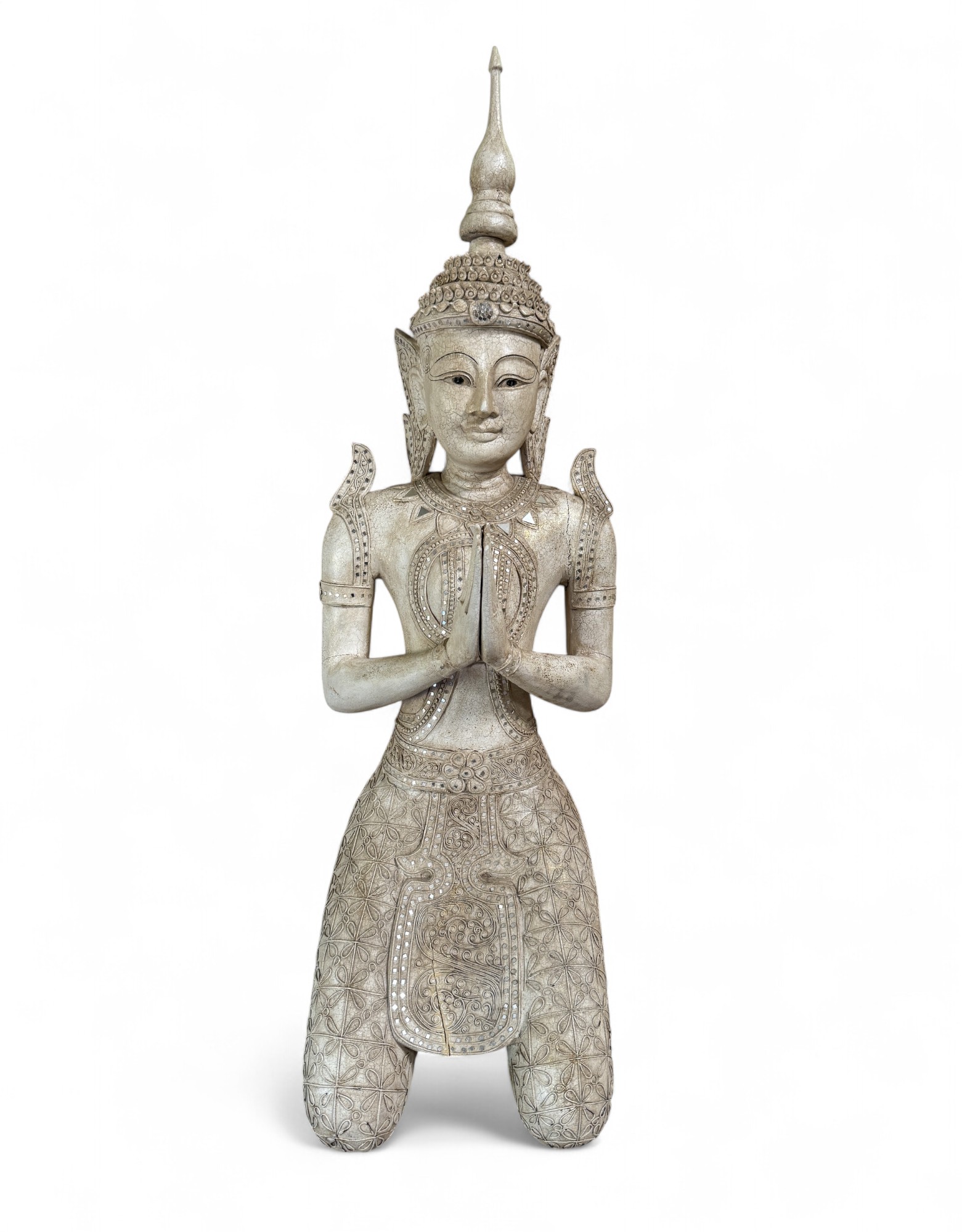 Thailändischer Tempelwächter aus Holz – Handgeschnitzte Statue, 117 cm