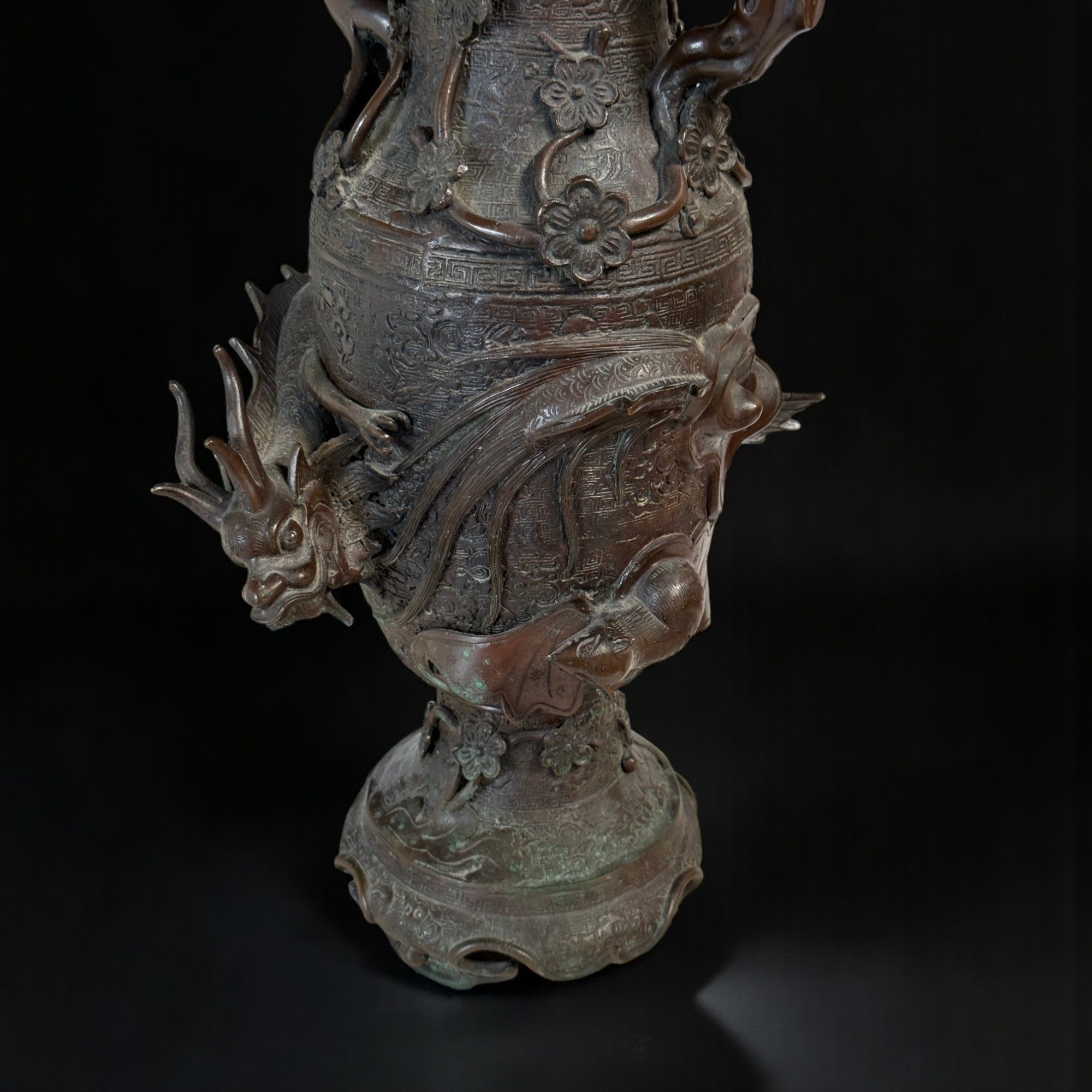Alte China Bronze Vase Drache Fledermaus: Chinesische Prunkvase Alt 42cm