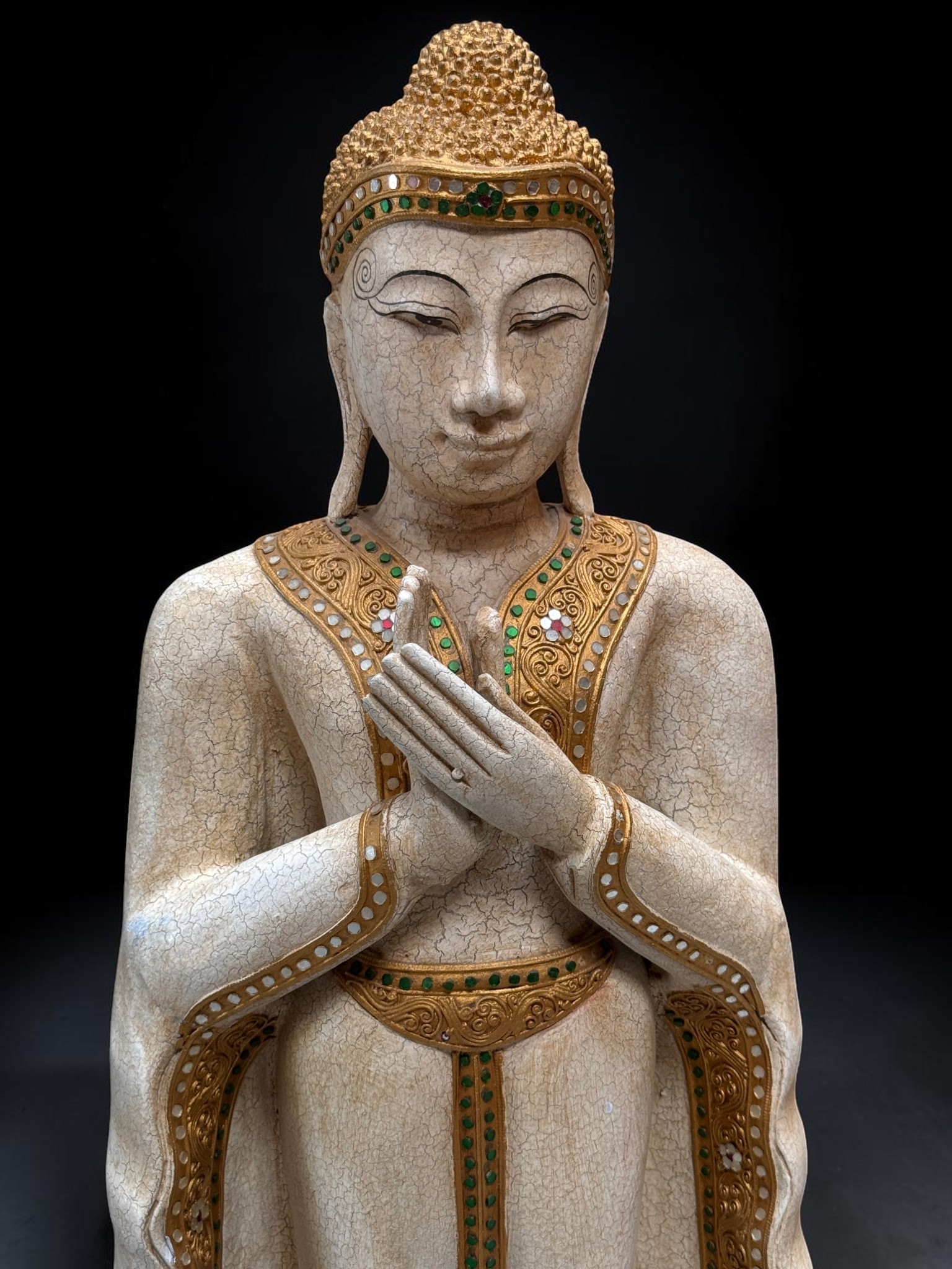 Thailändische Holz Buddha Figur 116 cm – Dharmachakra Mudra Skulptur groß